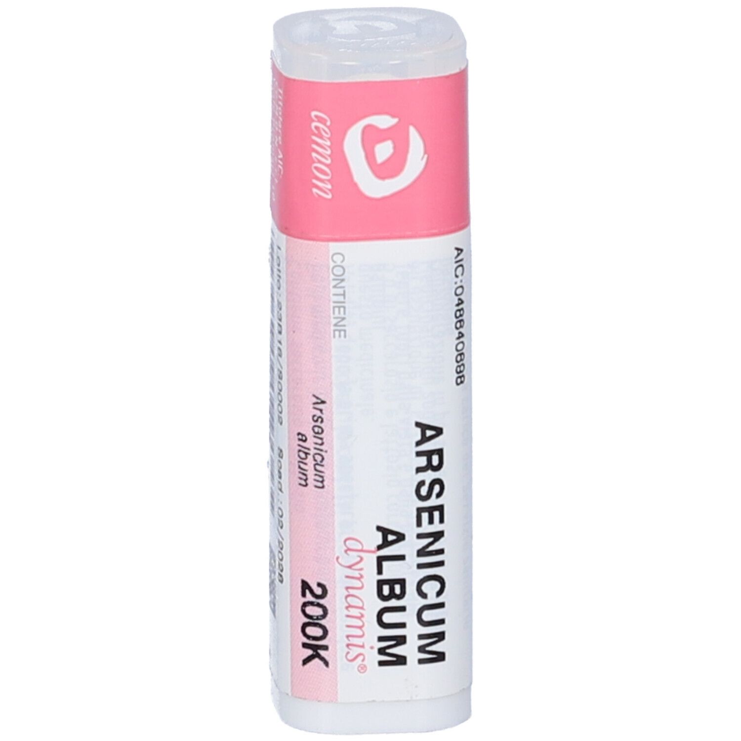 Flacone cilindrico bianco con etichetta rosa. Scritta: Arsenicum Album Dynamis 200K. Marchio: Cemon.