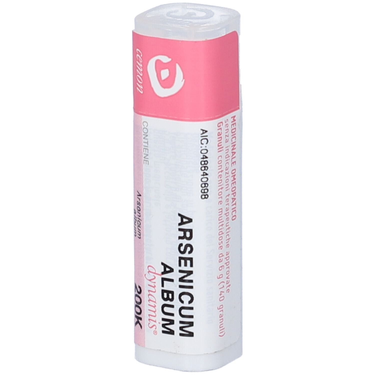 Flacone cilindrico bianco con etichetta rosa. Scritta: Arsenicum Album Dynamis 200K. Contiene granuli. Marchio: Cemon.