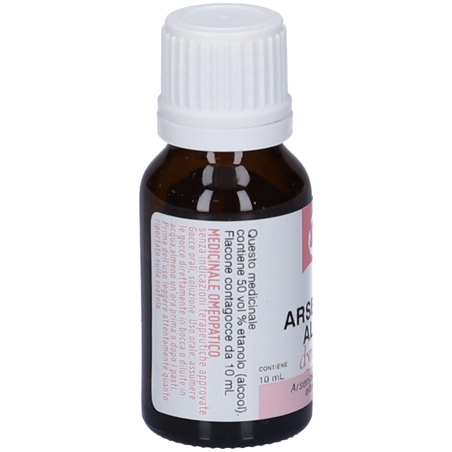 Flacone di vetro marrone con tappo bianco. Etichetta con informazioni sul prodotto e logo. Testo: Arsenicum Album dynamis 30 DH.