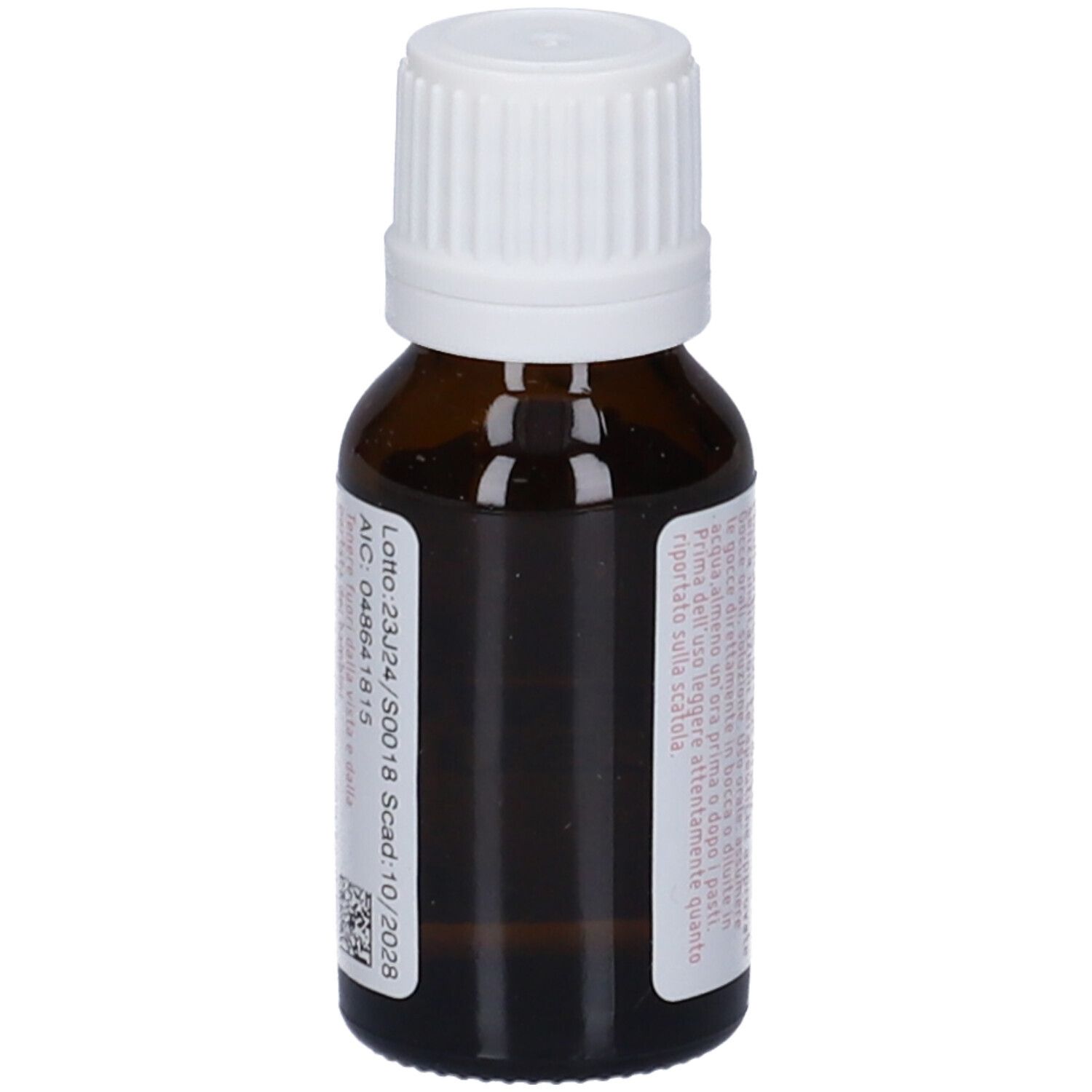 Flacone di vetro marrone con tappo bianco. Etichetta con informazioni sul prodotto. Testo: Arsenicum Album dynamis 30 DH, numero di lotto.