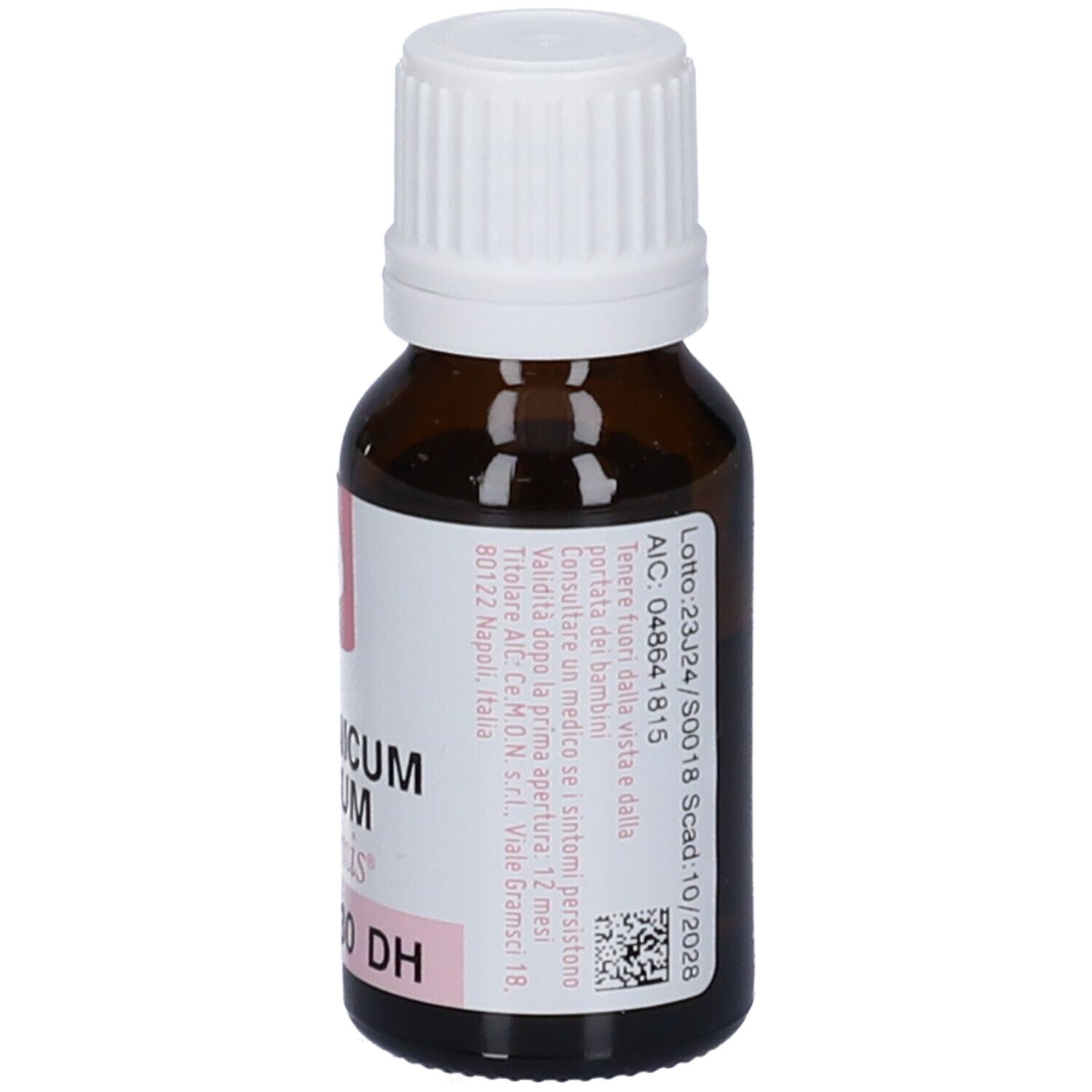 Flacone di vetro marrone con tappo bianco. Etichetta con informazioni sul prodotto. Testo: Arsenicum Album dynamis 30 DH, numero di lotto.