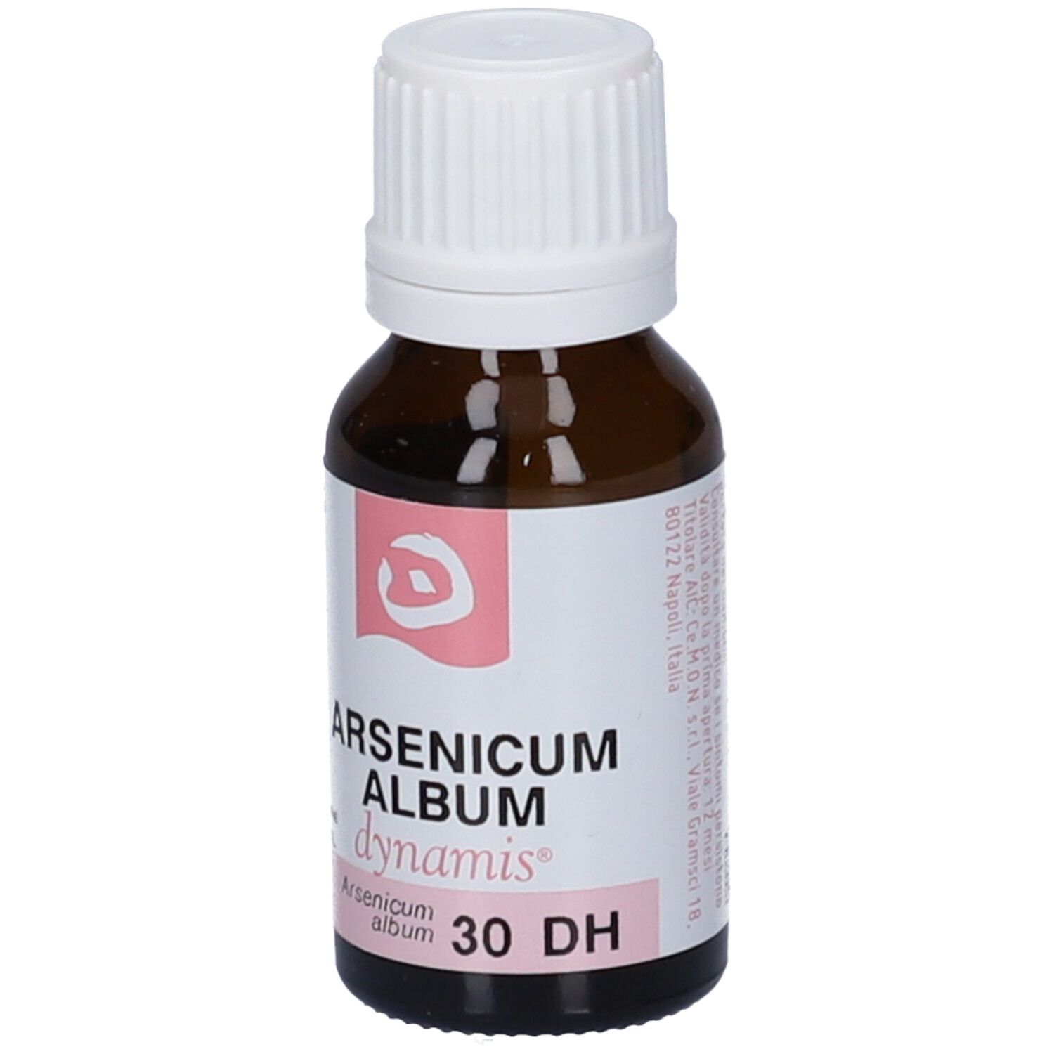 Flacone di vetro marrone con tappo bianco. Etichetta con nome del prodotto e logo. Testo: Arsenicum Album dynamis 30 DH.