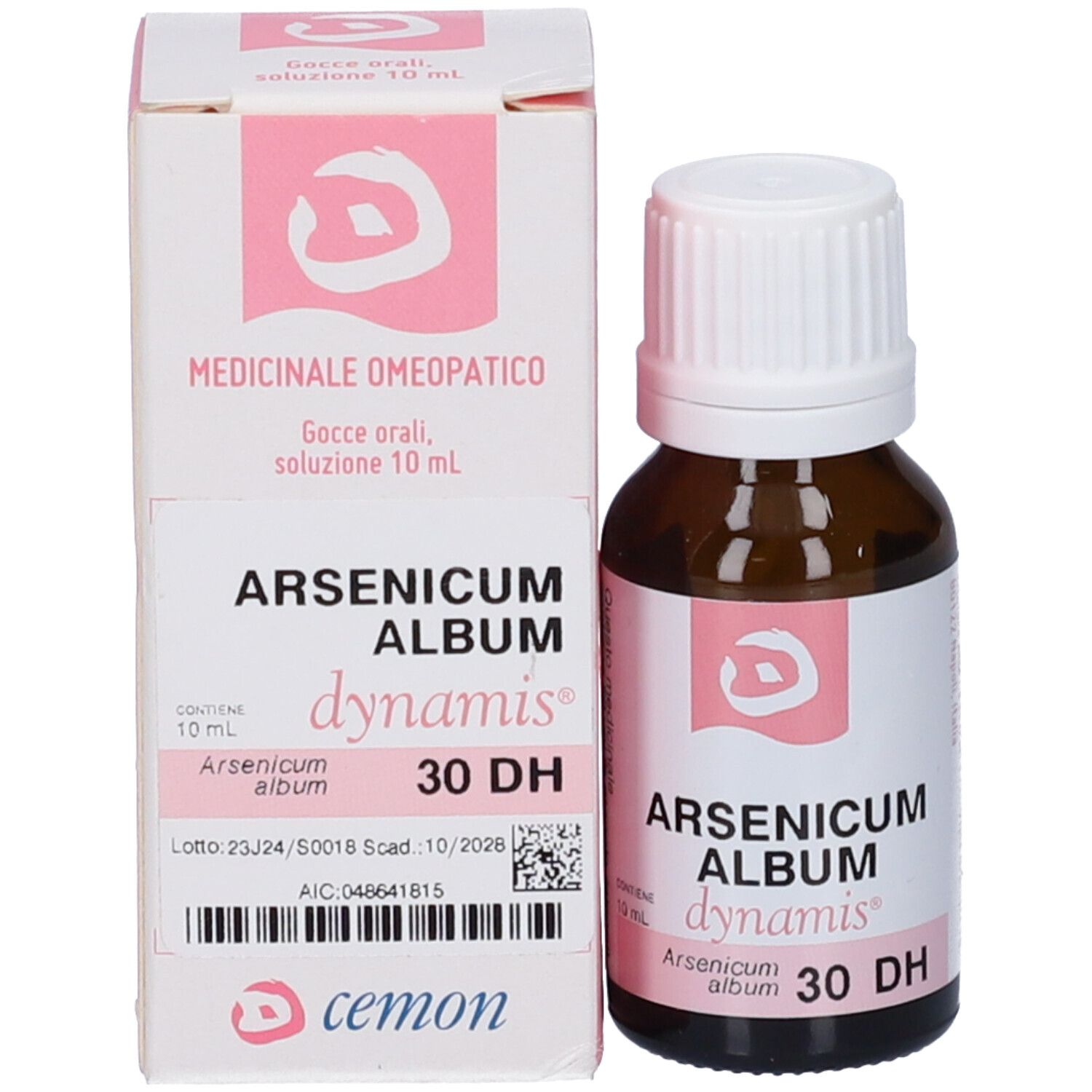 Flacone e confezione del prodotto. Flacone: vetro marrone, tappo bianco. Confezione: bianca con accenti rosa. Testo: Arsenicum Album dynamis 30 DH.