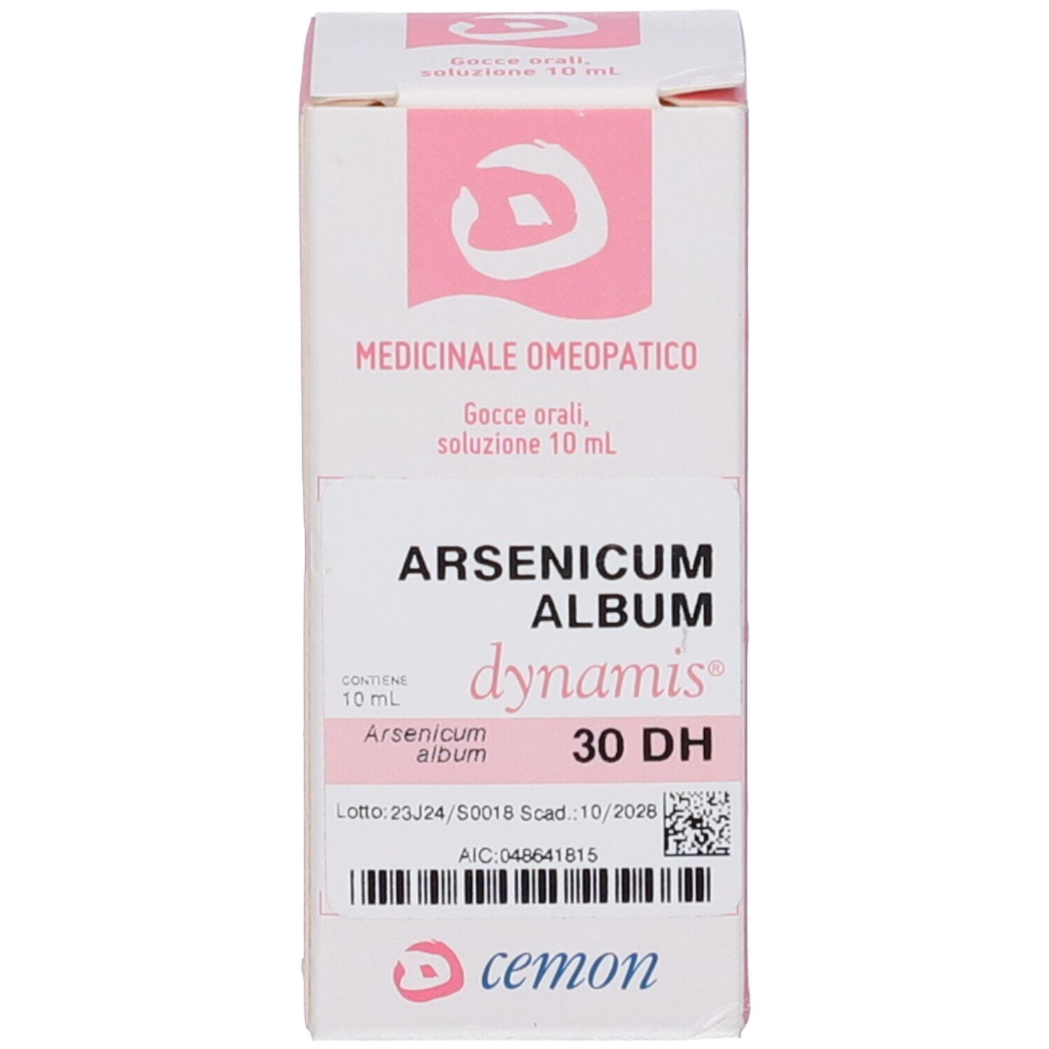 Confezione del prodotto. Bianca con accenti rosa. Testo: Arsenicum Album dynamis 30 DH, logo. Contiene un flacone.