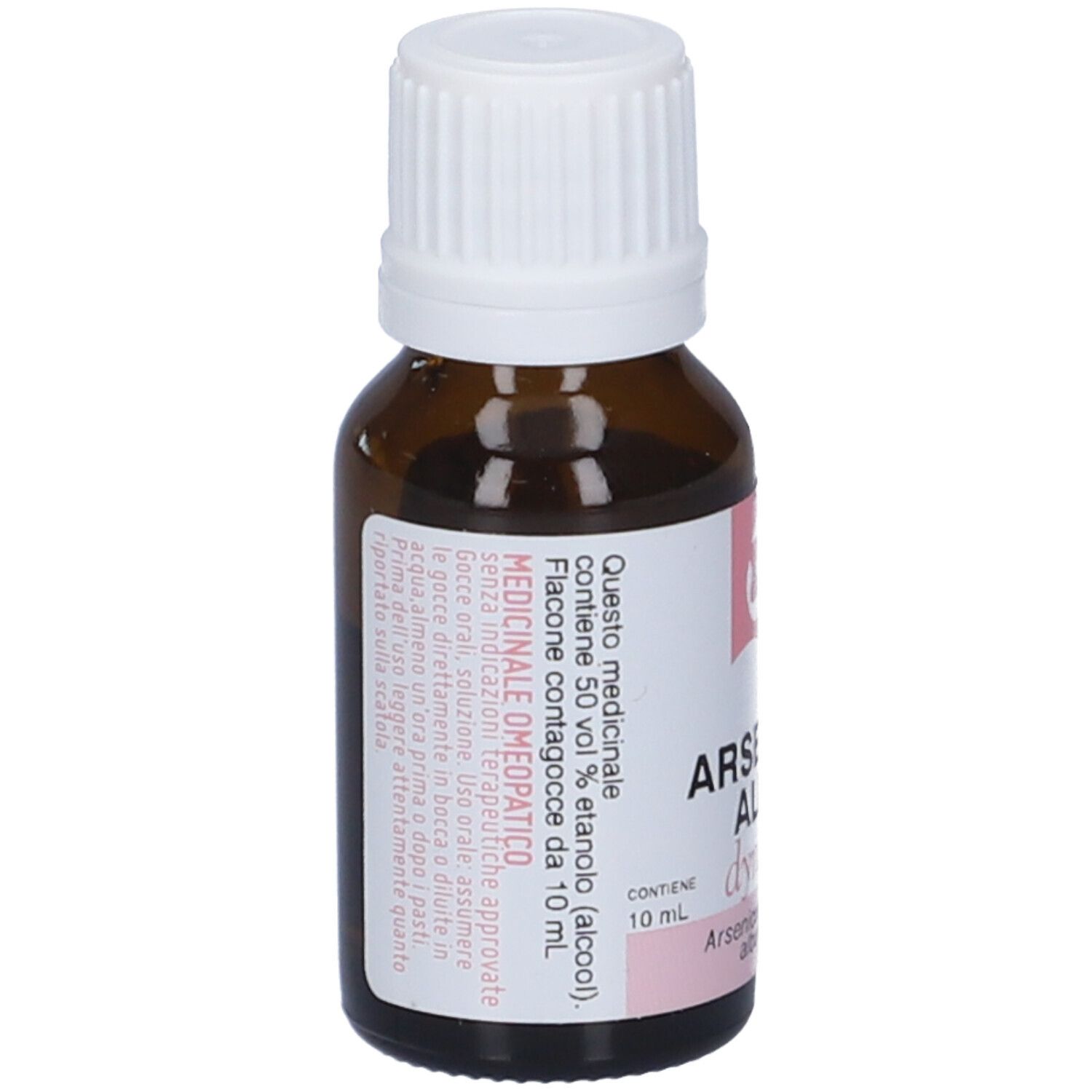 Flacone di vetro marrone con tappo bianco. Etichetta con testo. Contiene 50% etanolo. Indicazioni mediche. 10 ml.