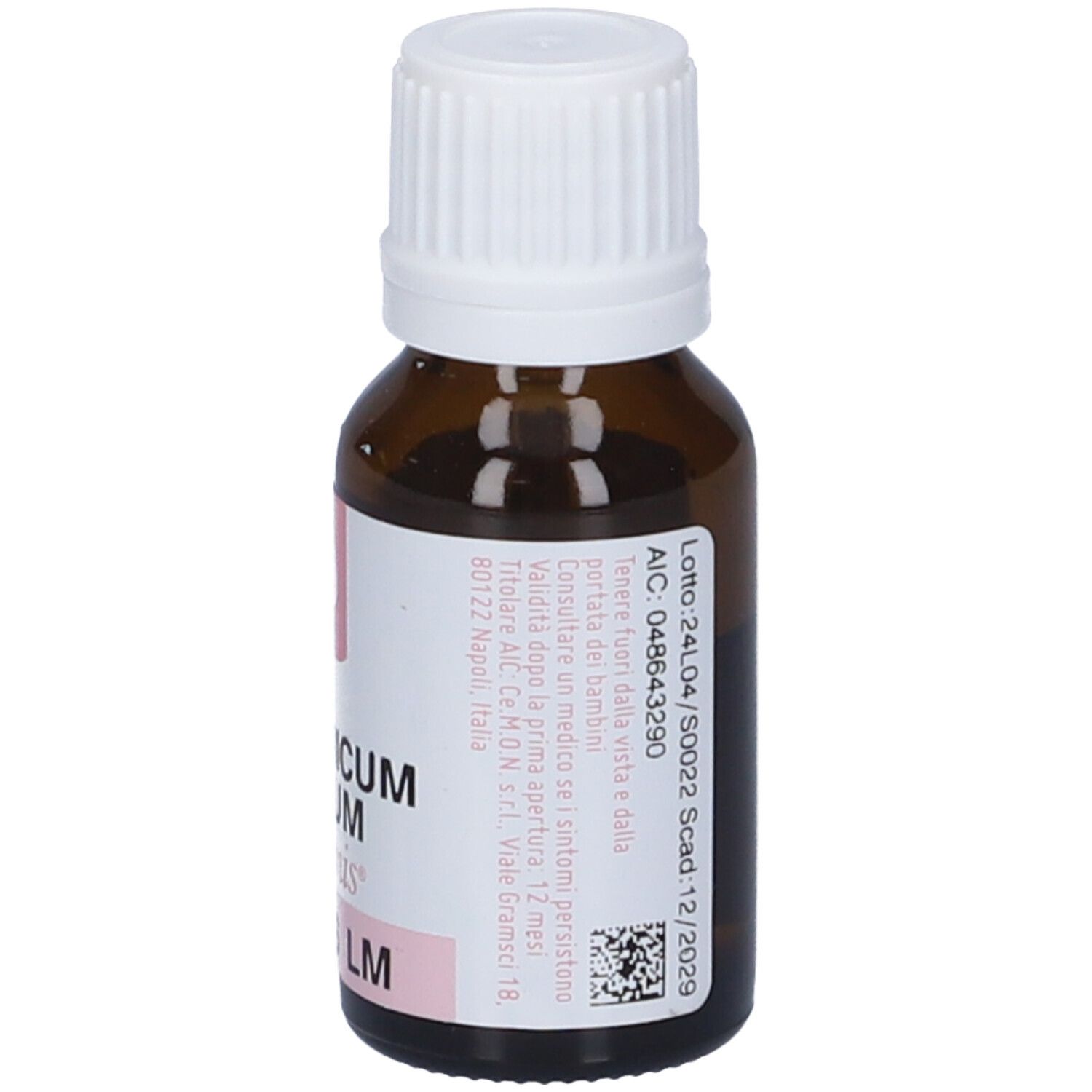 Flacone di vetro marrone con tappo bianco. Etichetta con numero di lotto e data di scadenza. Testo. Codice QR.