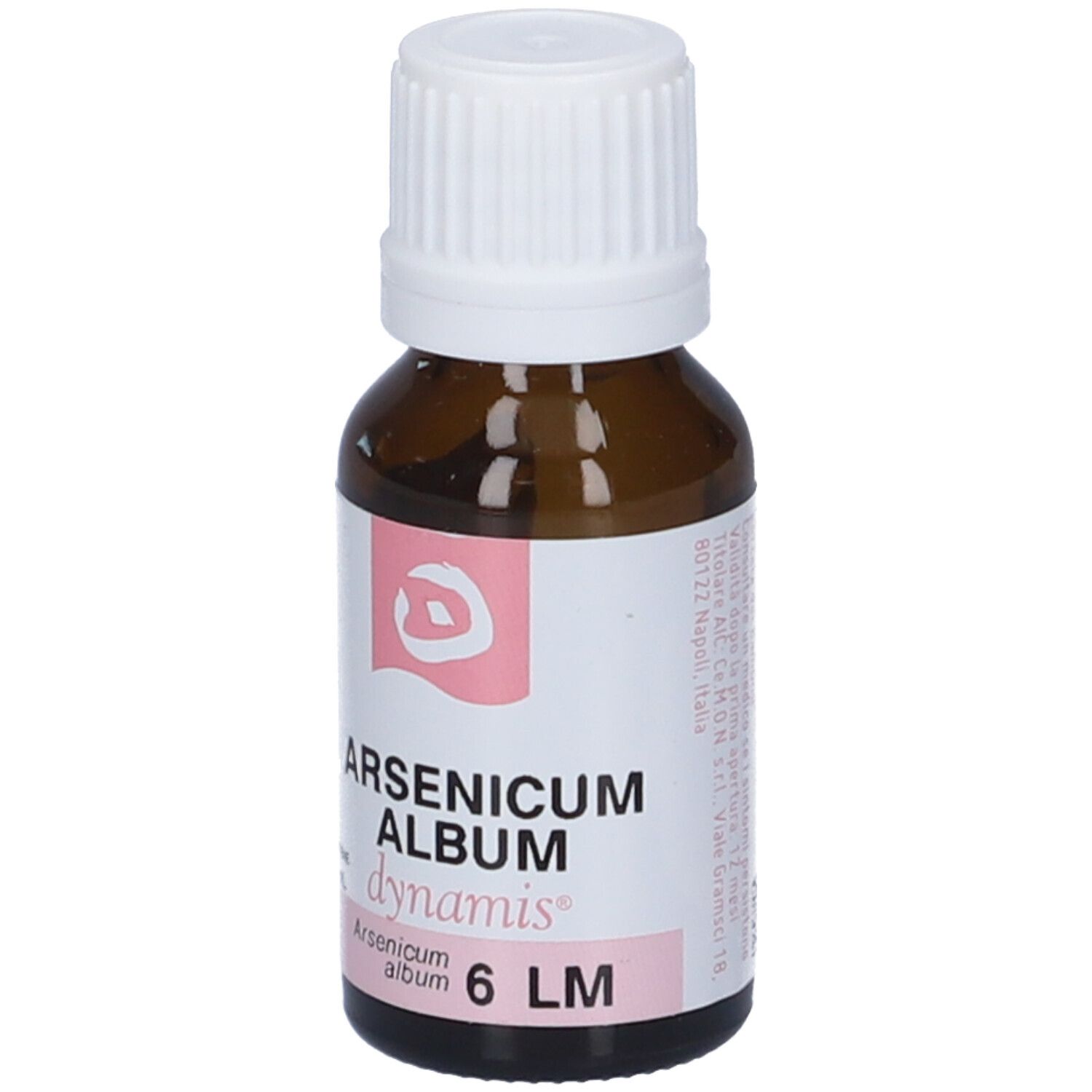 Flacone di vetro marrone con tappo bianco. Etichetta con nome del prodotto e logo. Testo: Arsenicum Album dynamis 6 LM.
