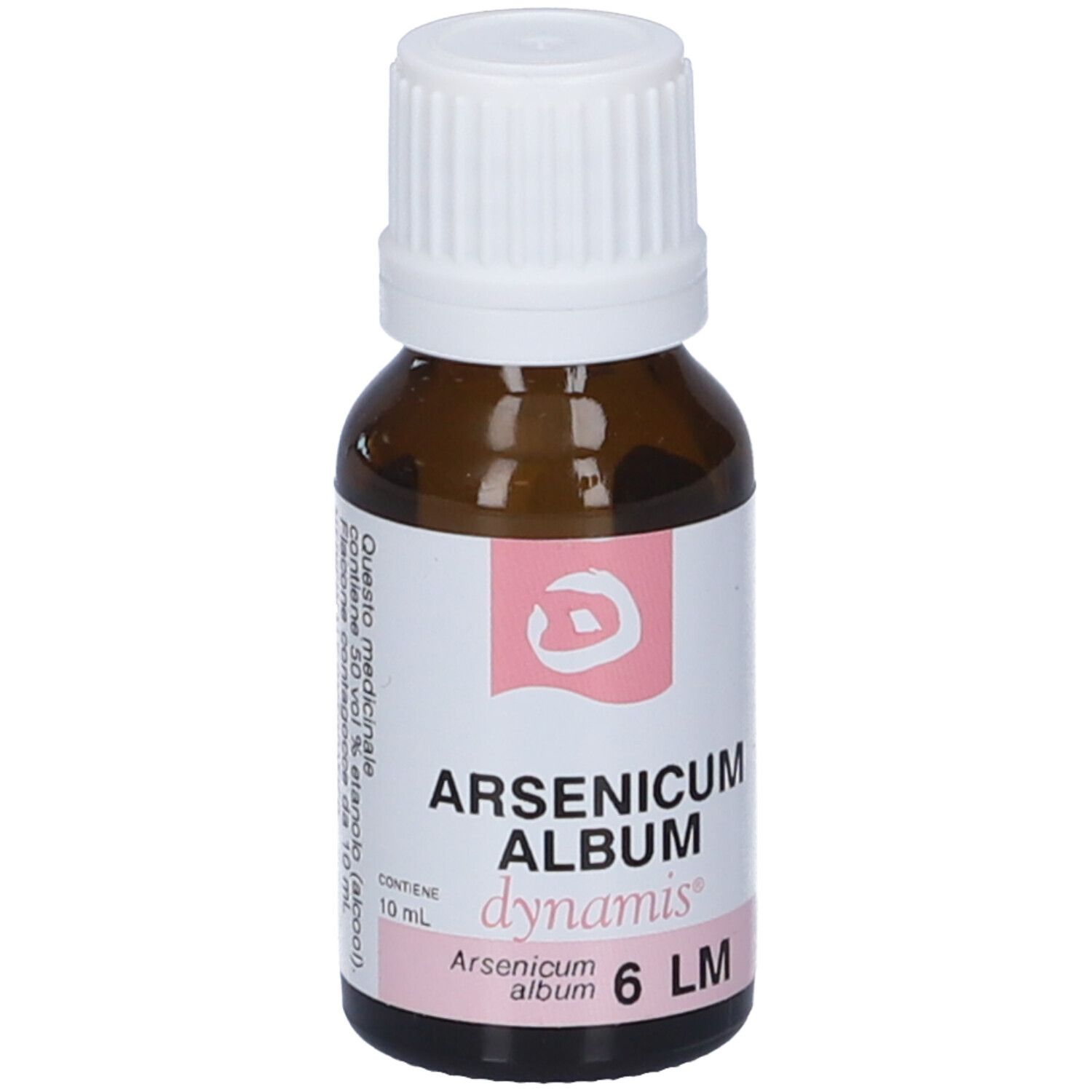 Flacone di vetro marrone con tappo bianco. Etichetta con nome del prodotto e logo. Testo: Arsenicum Album dynamis 6 LM.