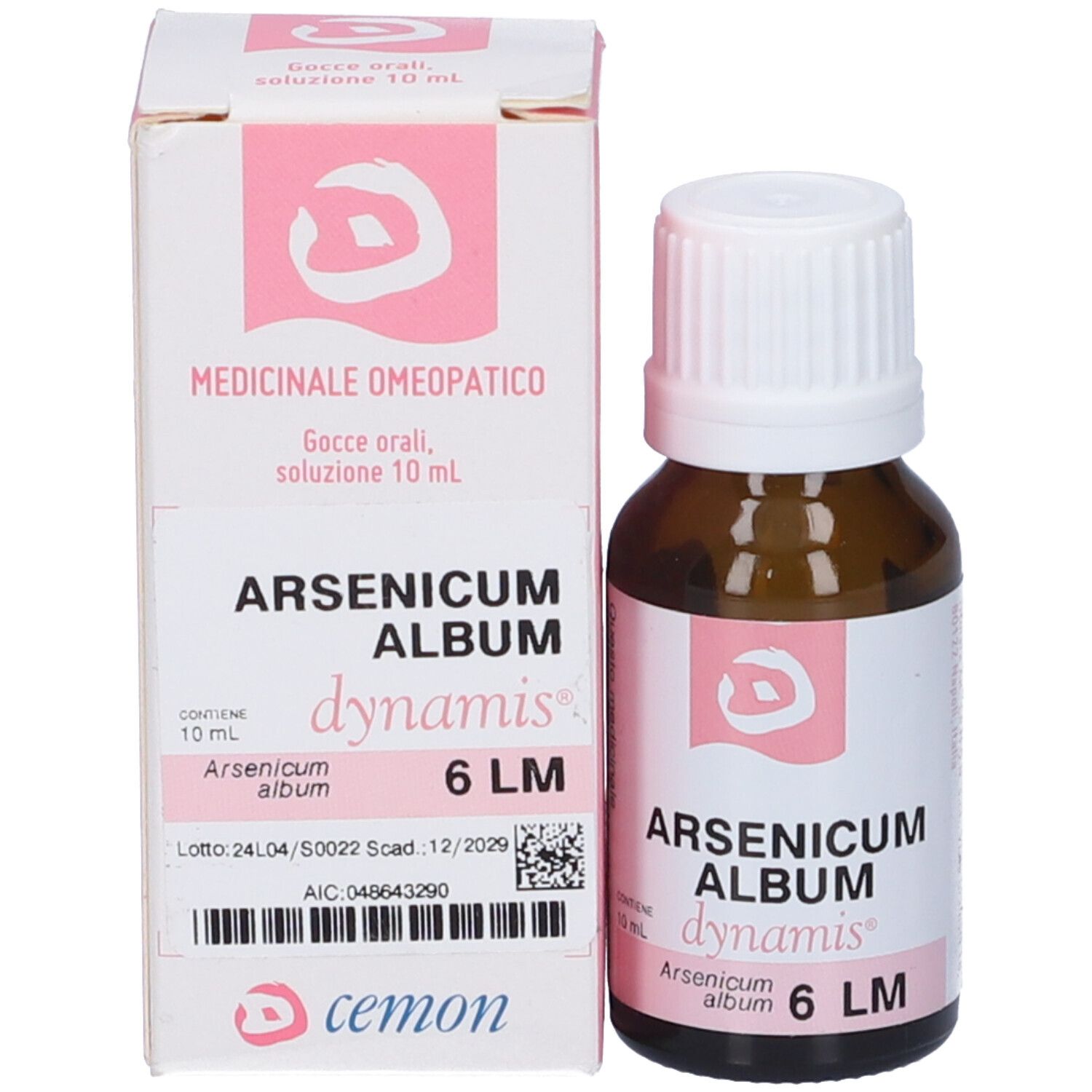 Flacone e scatola del prodotto. Scatola con nome del prodotto e logo. Testo: Arsenicum Album dynamis 6 LM.
