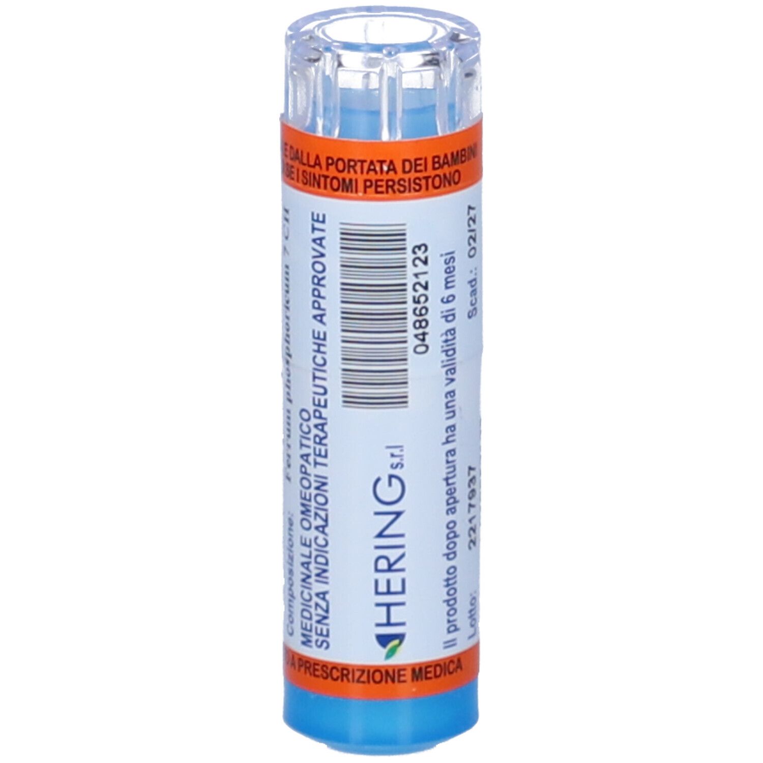 Confezione multidose cilindrica con base blu e coperchio trasparente. Scritta: HERING. Codice a barre e altre informazioni sull'etichetta.