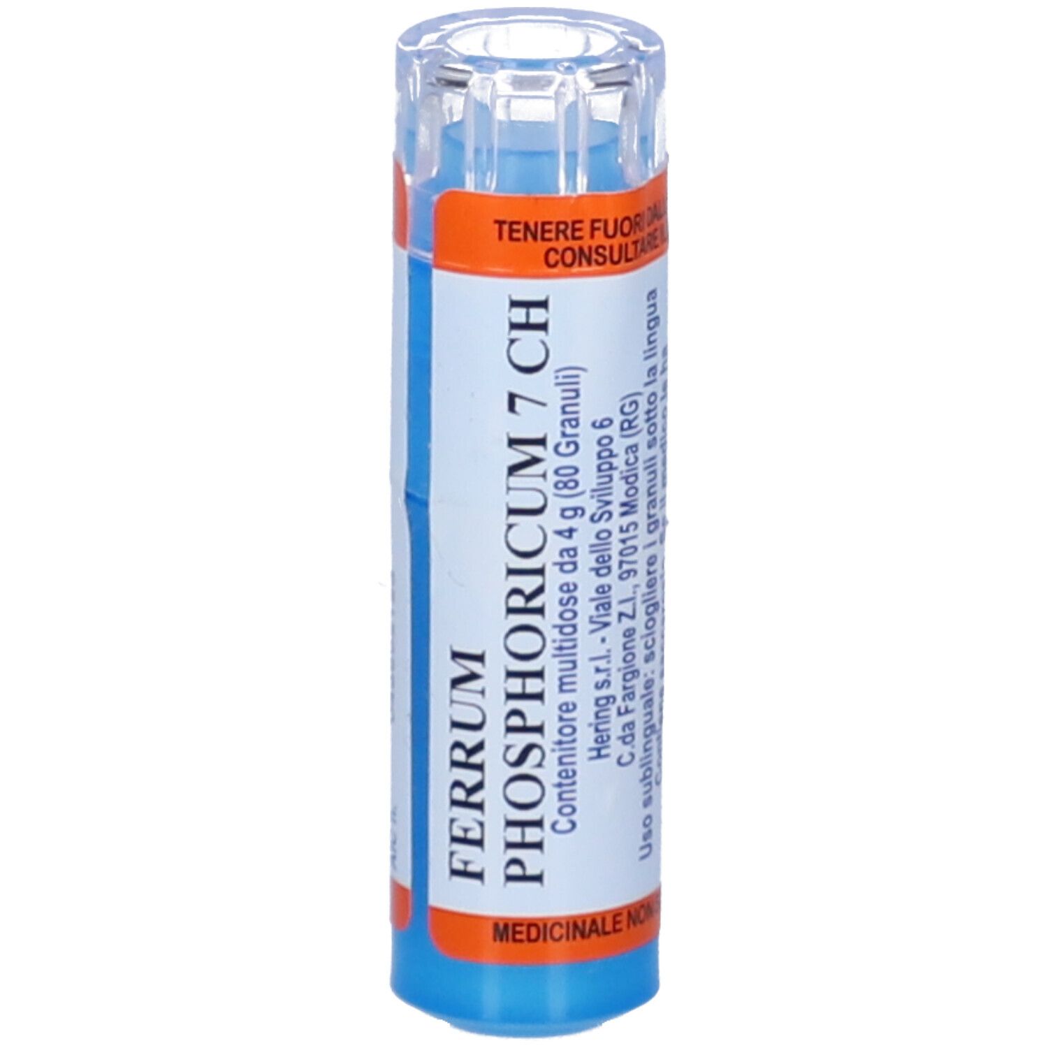 Confezione multidose cilindrica blu e bianca. Scritta: FERRUM PHOSPHORICUM 7 CH. Contiene 80 granuli. Etichette arancioni e blu.