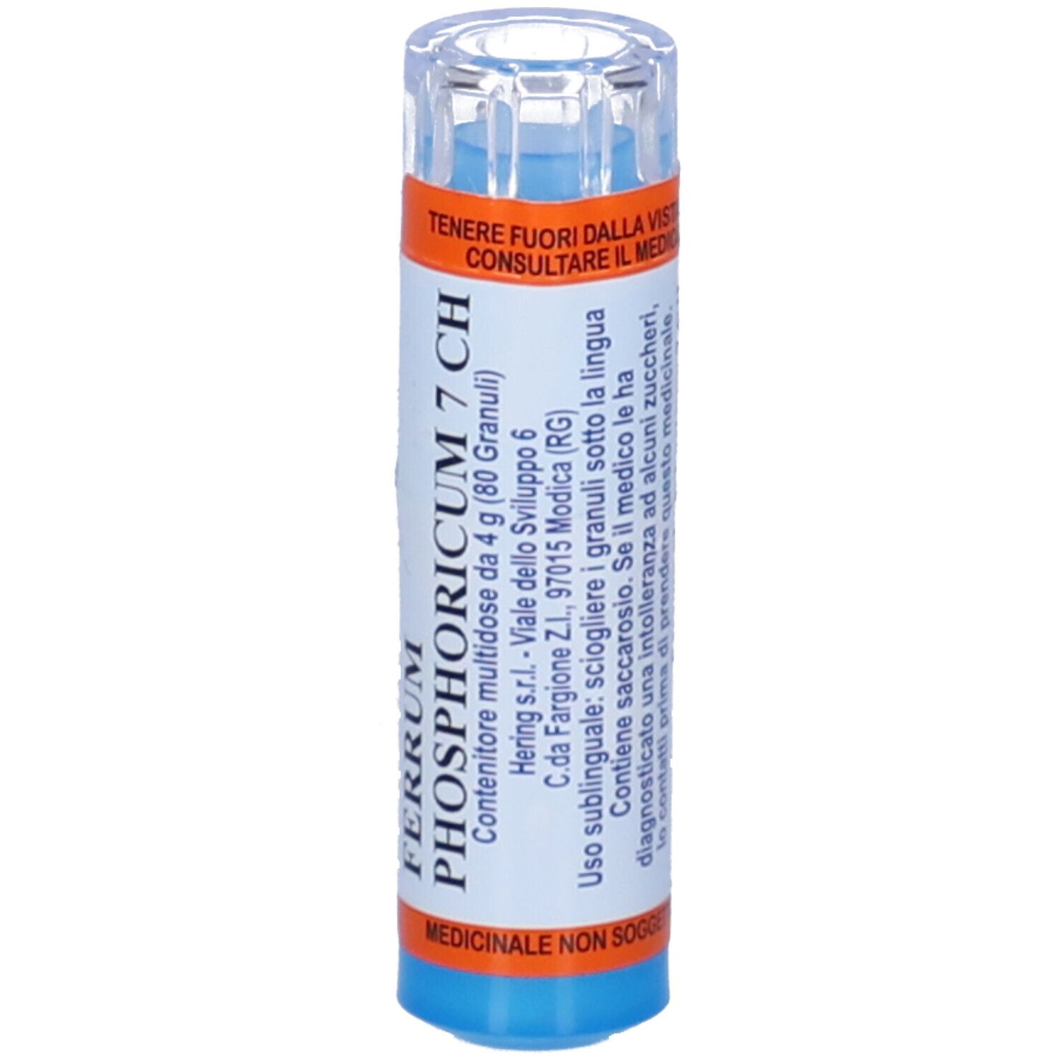 Confezione multidose cilindrica con base blu e coperchio trasparente. Scritta: FERRUM PHOSPHORICUM 7 CH. Contiene 80 granuli. Etichette.