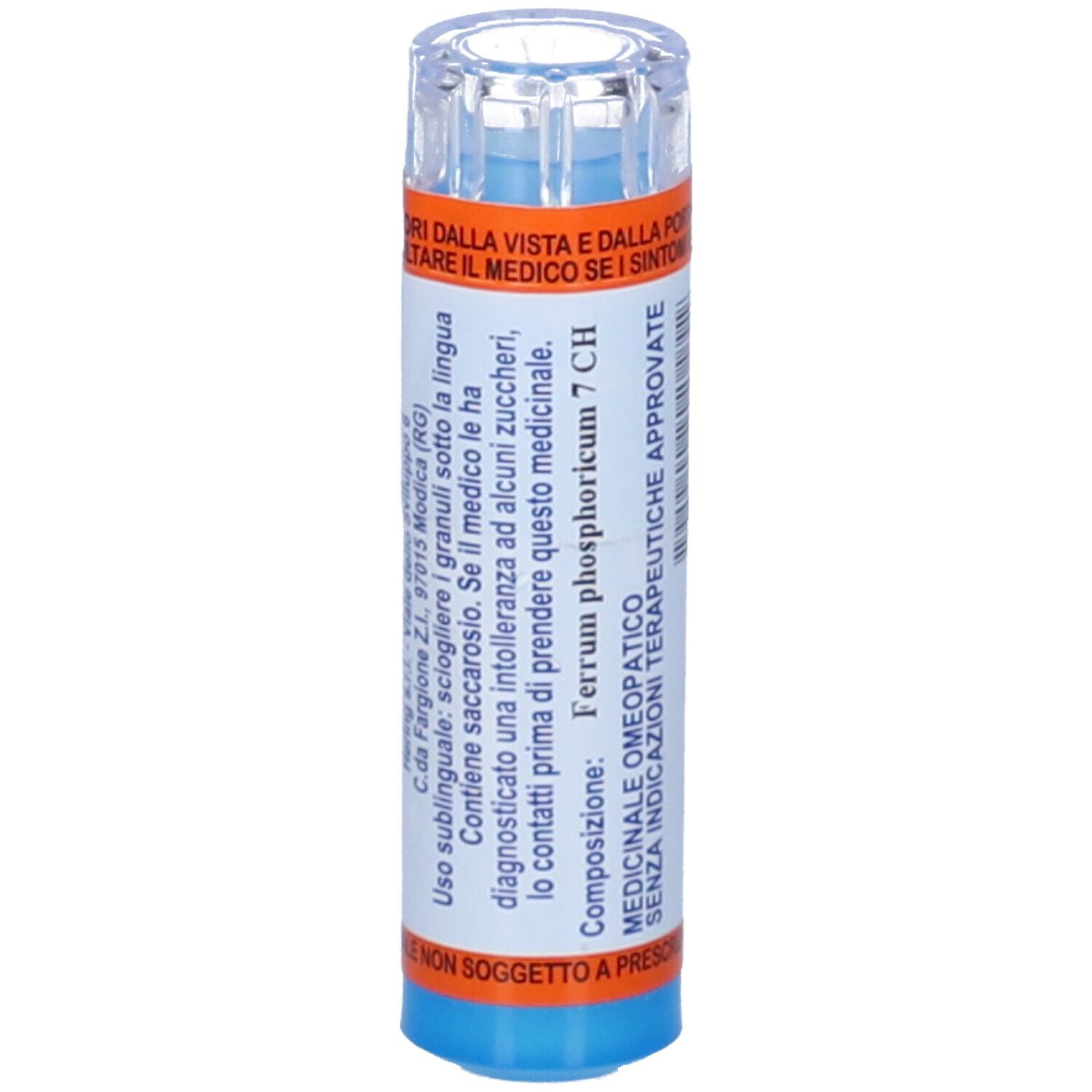 Confezione multidose cilindrica con base blu e coperchio trasparente. Scritta: FERRUM phosphoricum 7 CH. Contiene 80 granuli. Etichette.