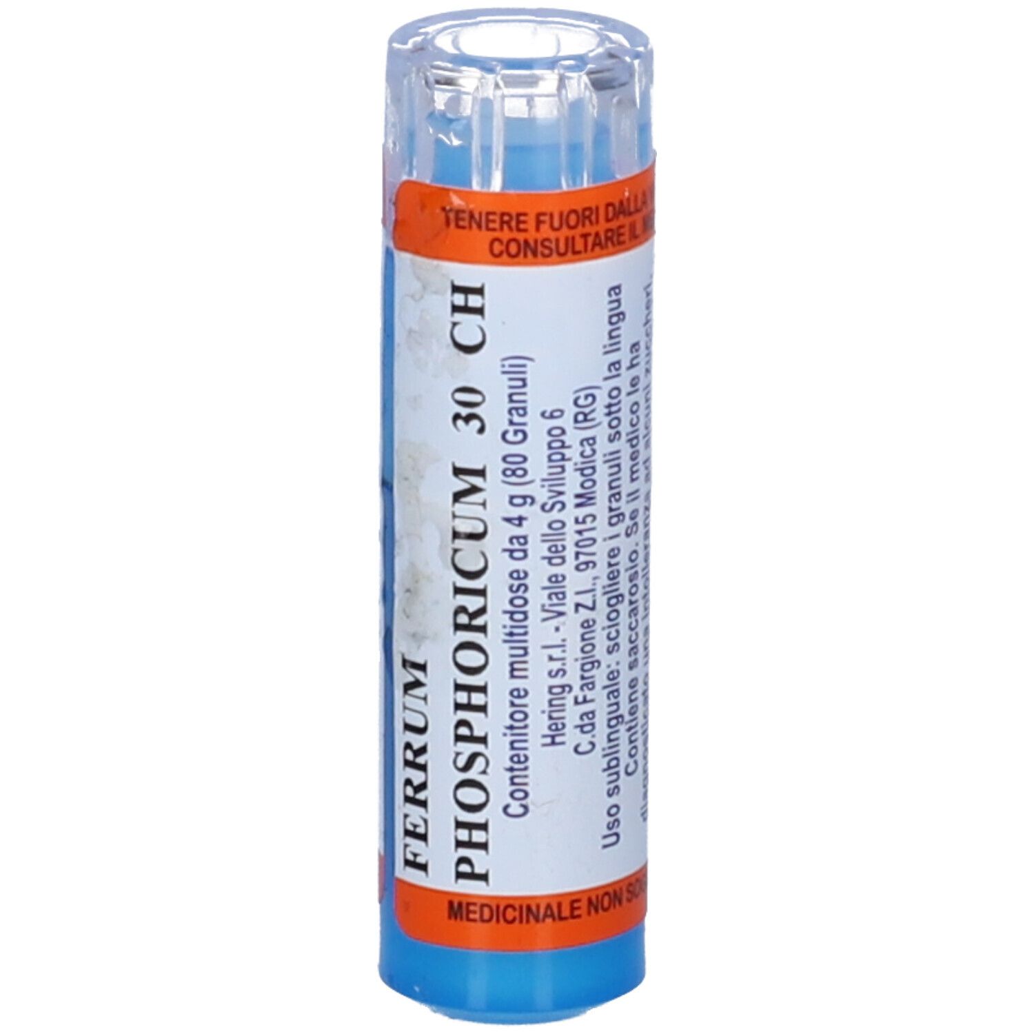 Tubetto blu e arancione con scritta FERRUM PHOSPHORICUM 30 CH. Coperchio trasparente.