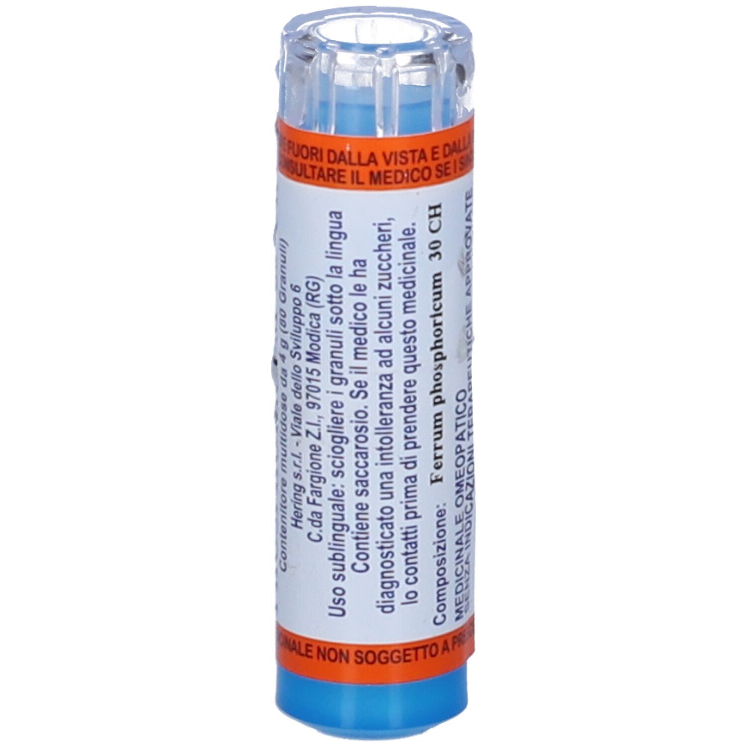 Tubetto blu e arancione con scritte. Contiene informazioni su uso e composizione.