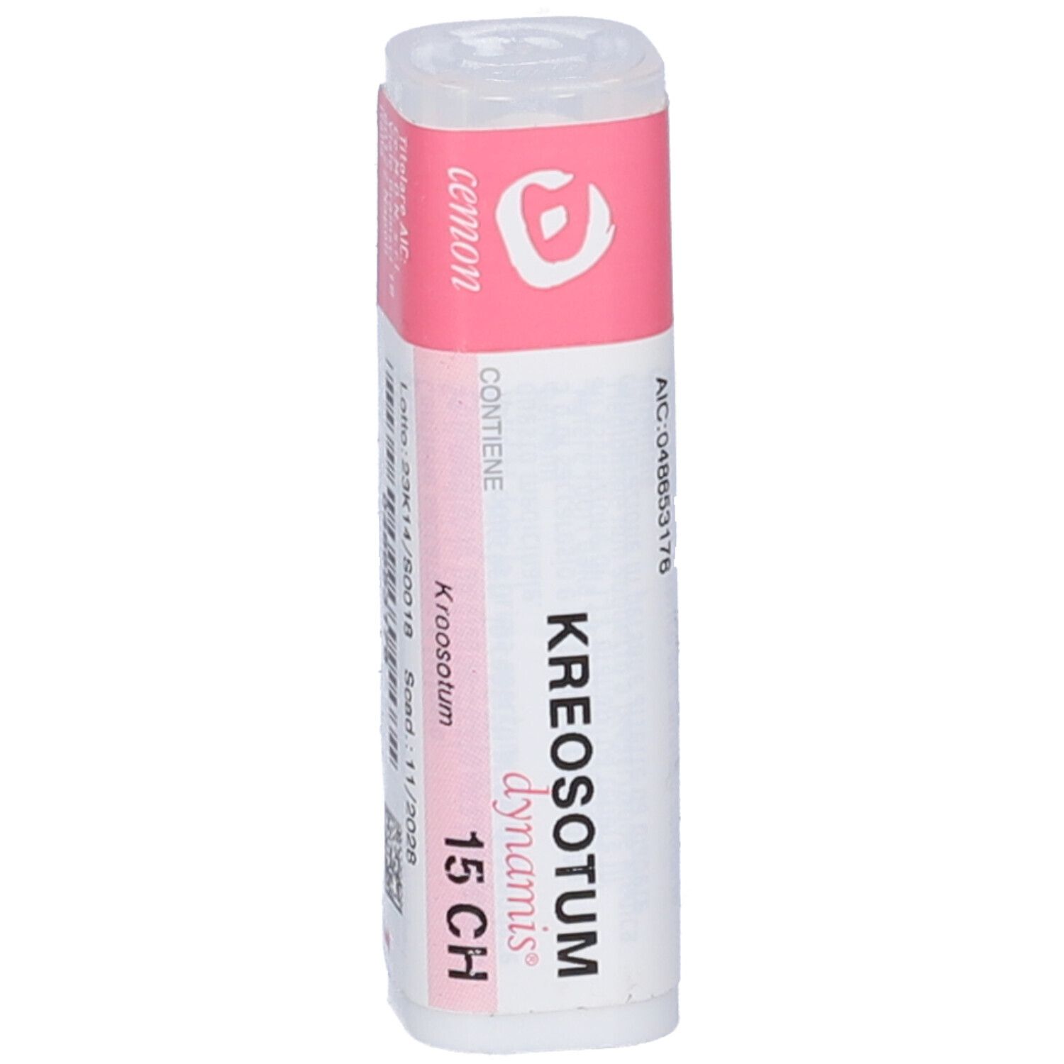 Confezione multidose cilindrica. Etichetta rosa e bianca con nome prodotto e 15 CH. Logo e nome del produttore visibili.