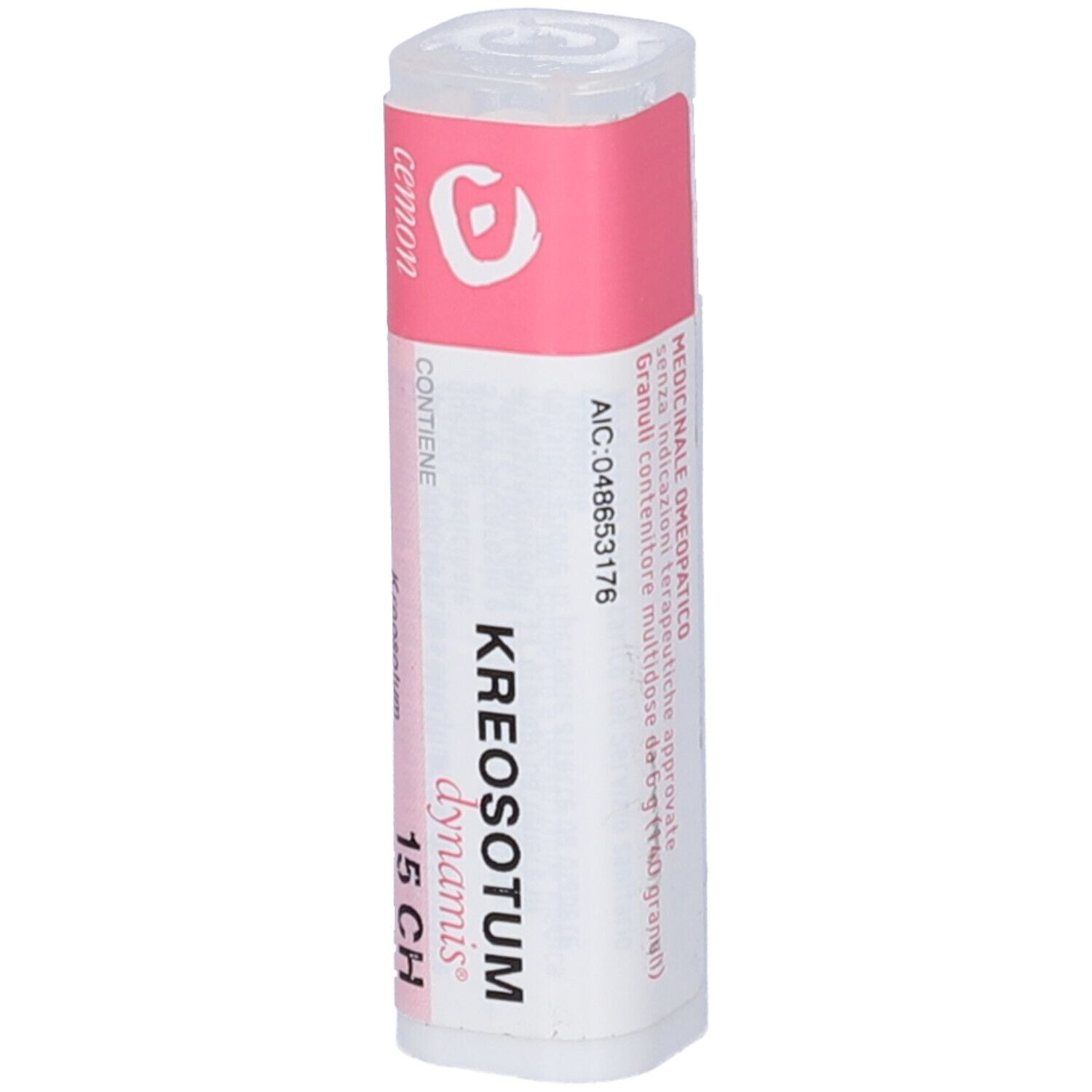 Confezione multidose cilindrica. Etichetta rosa e bianca con nome prodotto e 15 CH. Logo e nome del produttore visibili.