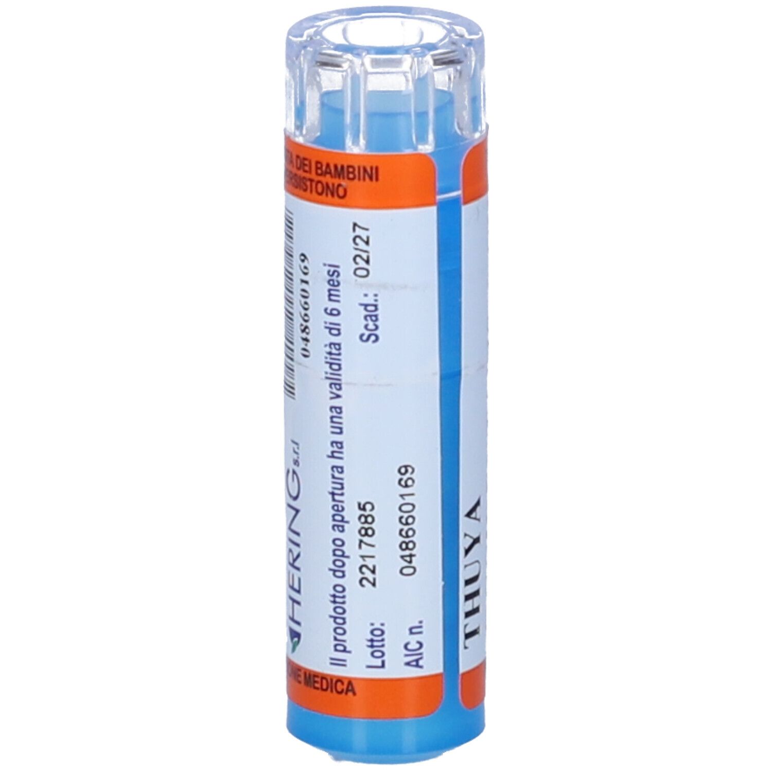 Tubetto farmaceutico blu e arancione con testo bianco. Informazioni su scadenza e numero di lotto.