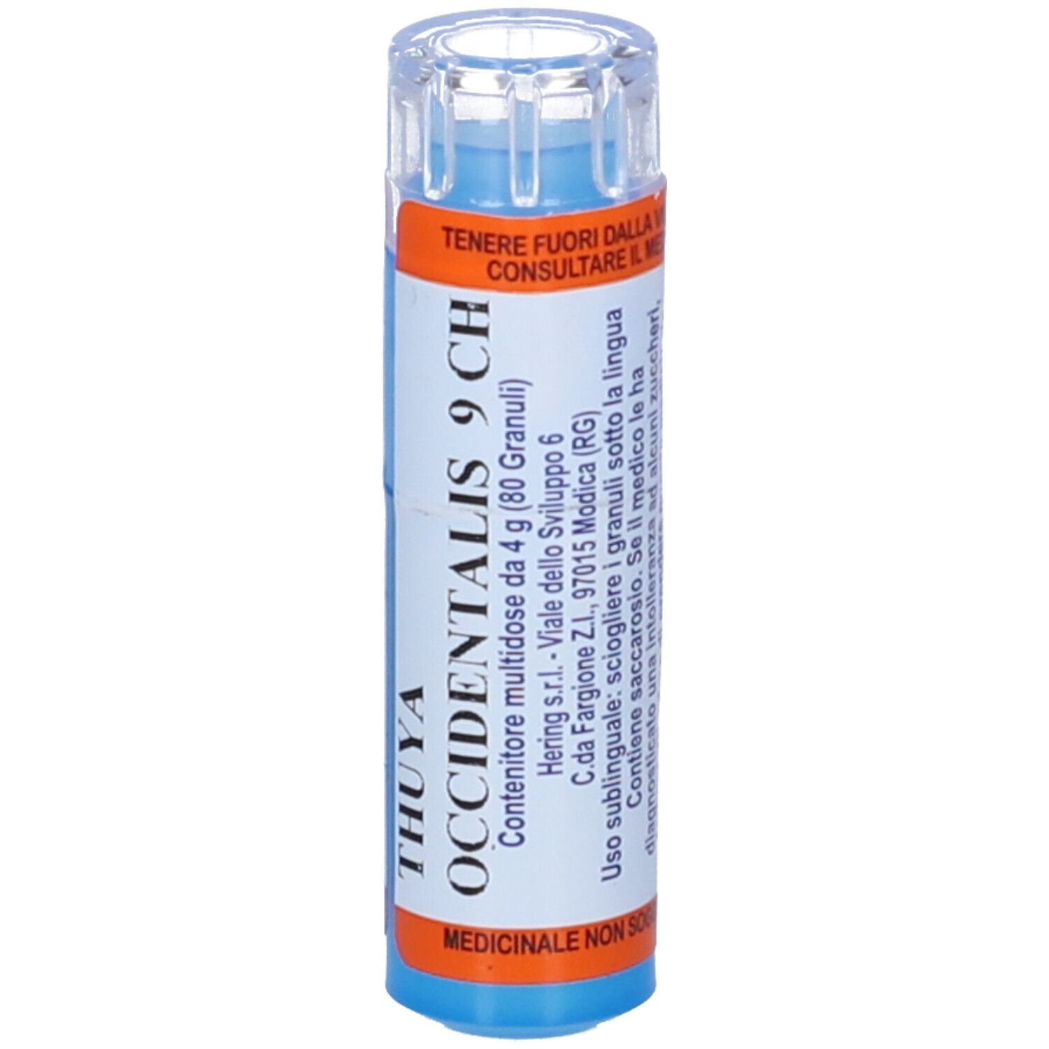 Tubetto farmaceutico blu e arancione con testo bianco. Contiene Thuya Occidentalis 9 CH. Istruzioni per l'uso.