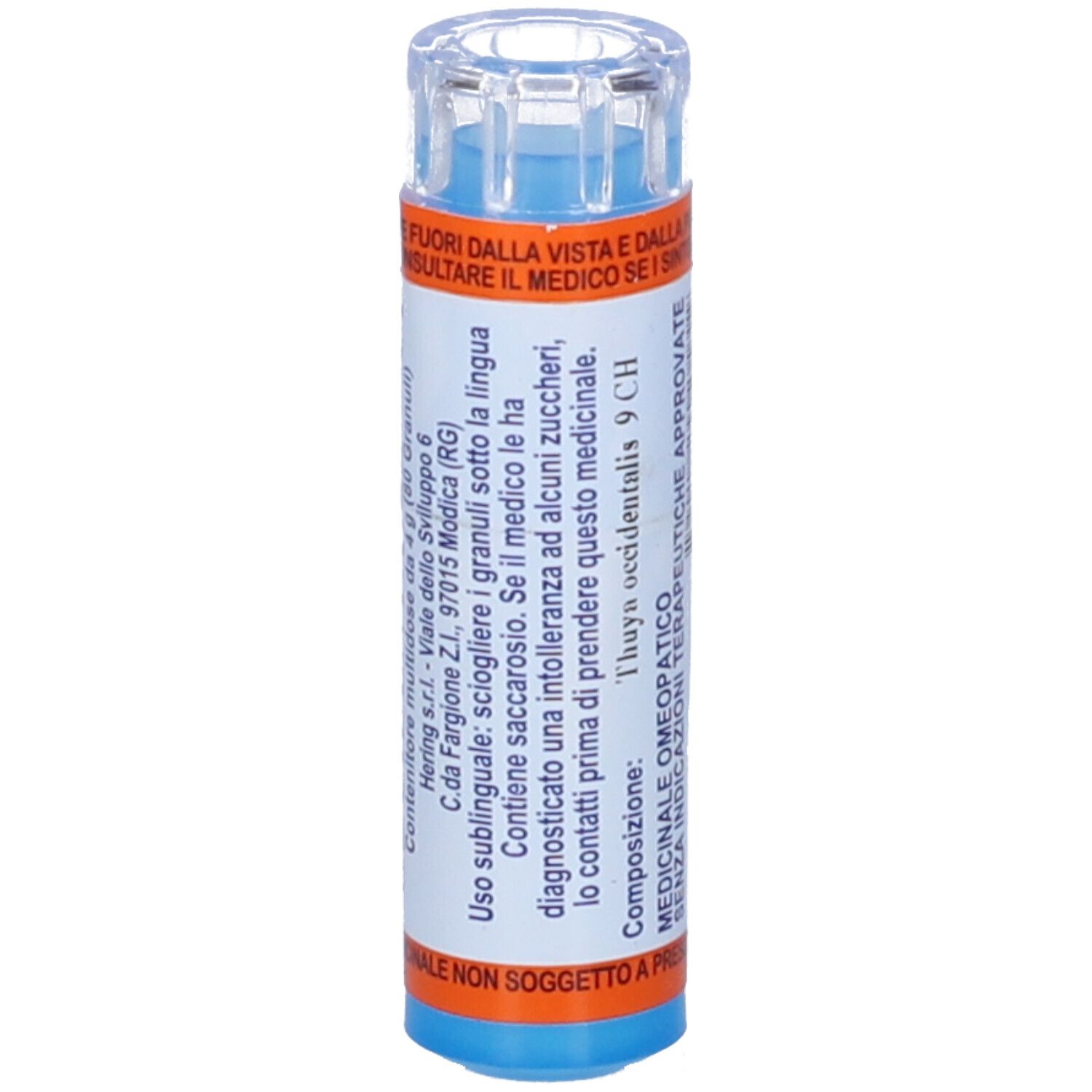 Tubetto farmaceutico blu e arancione con testo bianco. Contiene Thuya Occidentalis 9 CH. Ulteriori istruzioni.