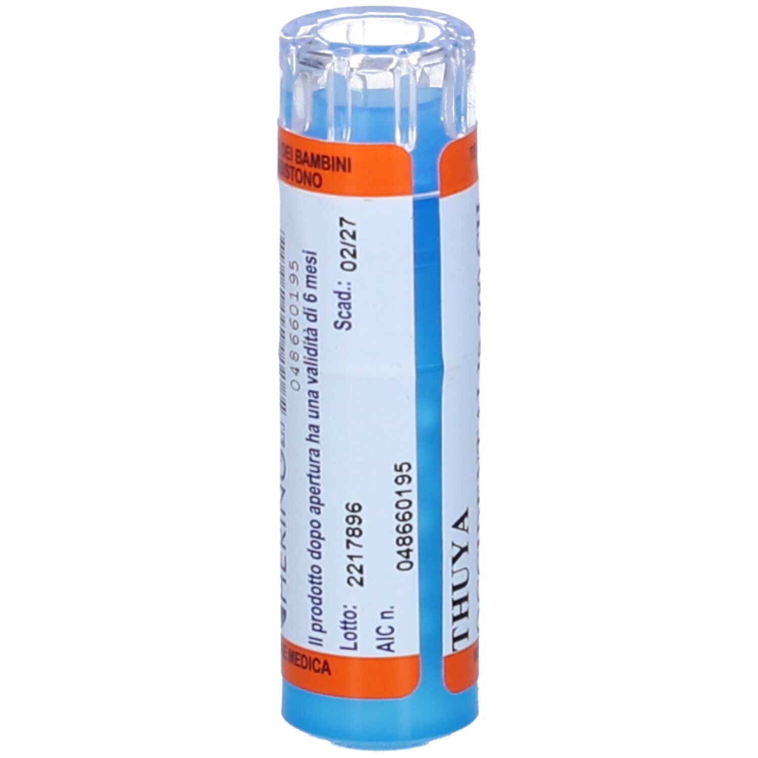 Flacone blu e bianco con testo ed etichette arancioni. Tappo trasparente. Testo: 'BAMBINI'.