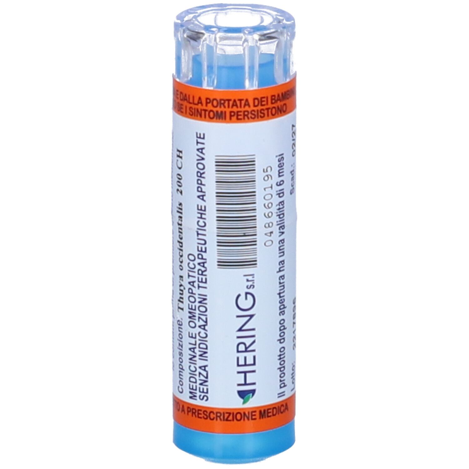 Flacone blu e bianco con testo ed etichette arancioni. Tappo trasparente. Testo: 'HERING srl'.