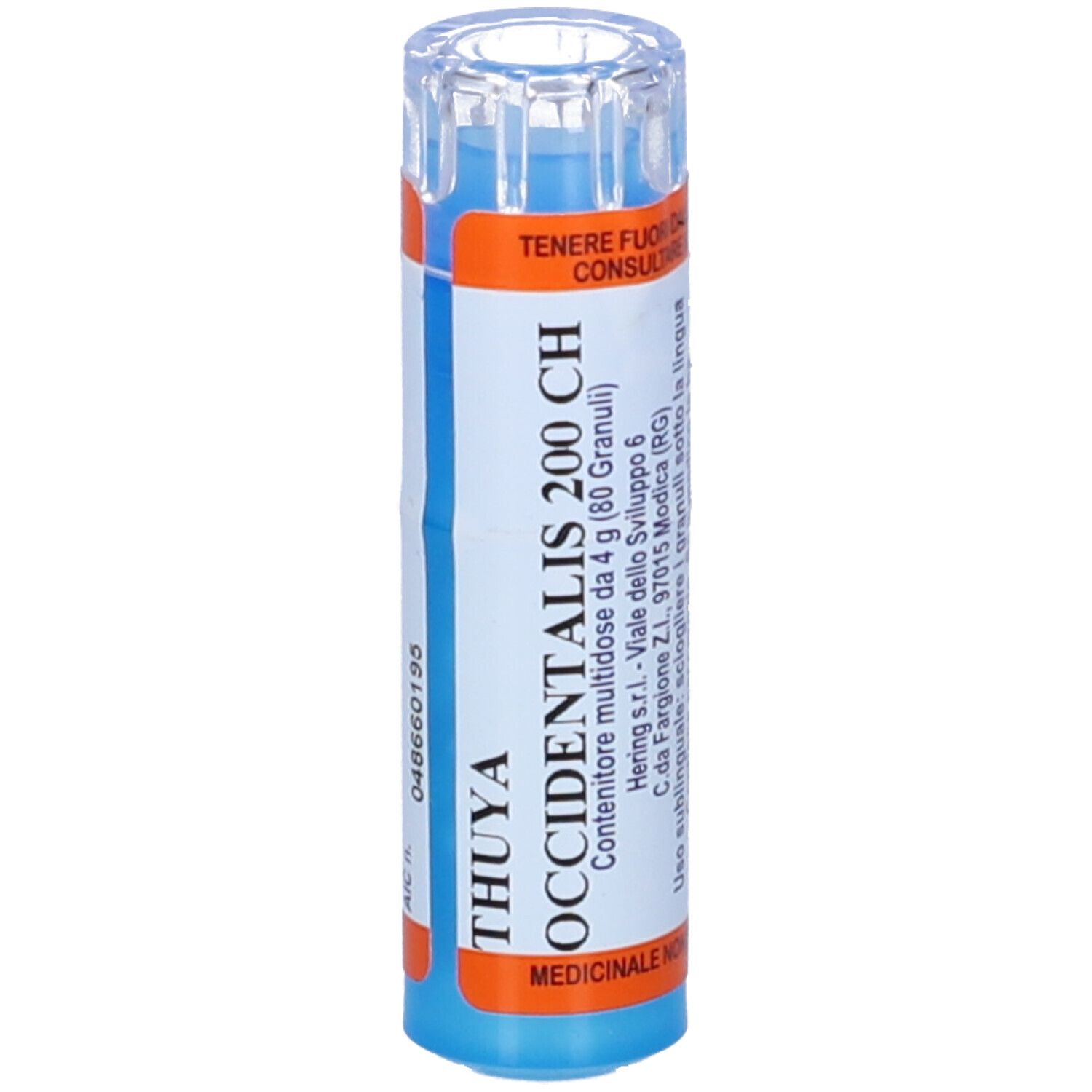 Flacone blu e bianco con testo THUYA OCCIDENTALIS 200 CH. Etichette arancioni. Tappo trasparente.