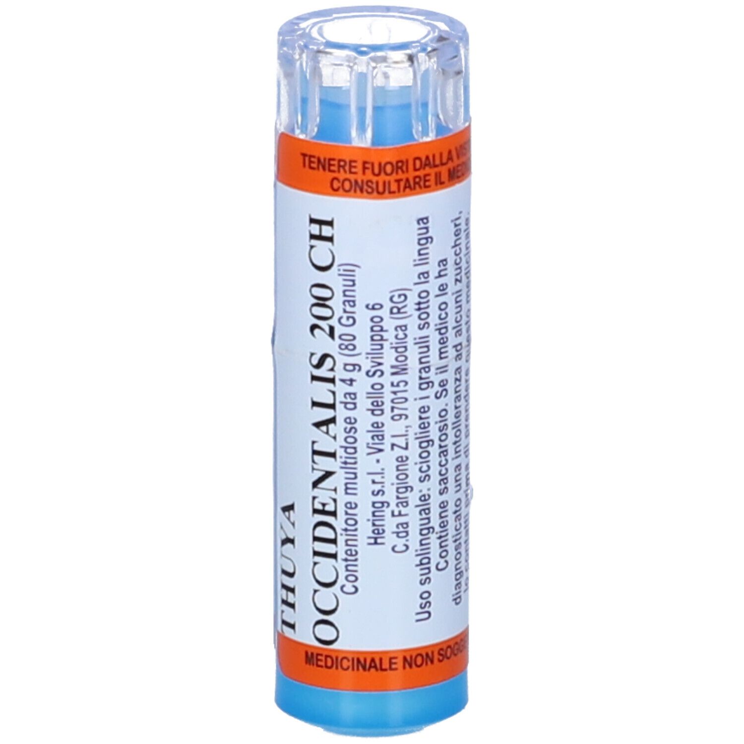 Flacone blu e bianco con testo THUYA OCCIDENTALIS 200 CH. Etichette arancioni. Tappo trasparente. Testo: 'saccharosio'.