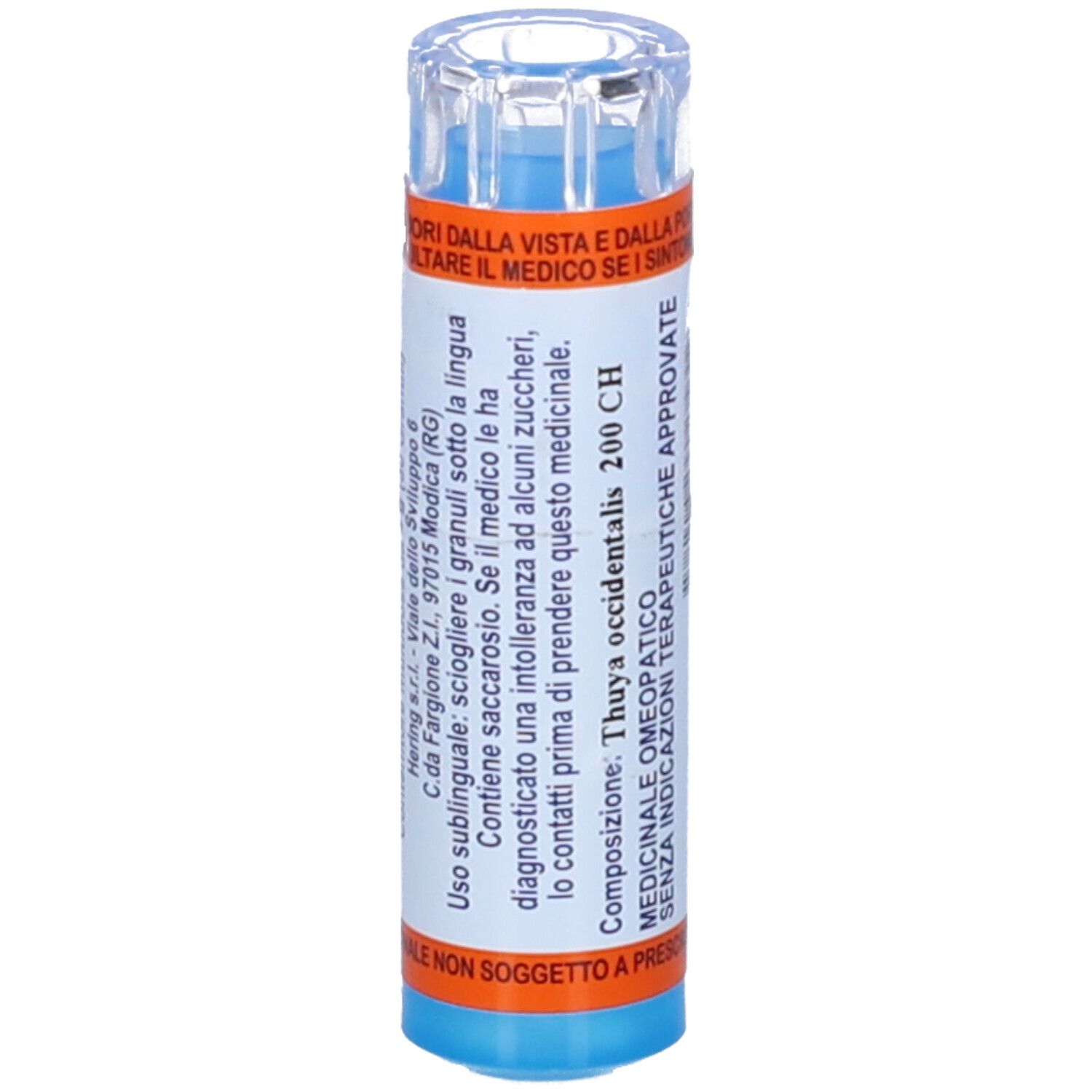 Flacone blu e bianco con testo ed etichette arancioni. Tappo trasparente. Testo: 'HERING'.