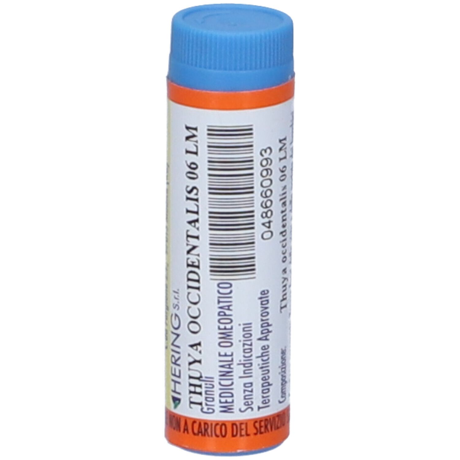 Flacone cilindrico blu e arancione. Scritte: HERING, THUYA OCCIDENTALIS 06 LM, Granuli. Informazioni.