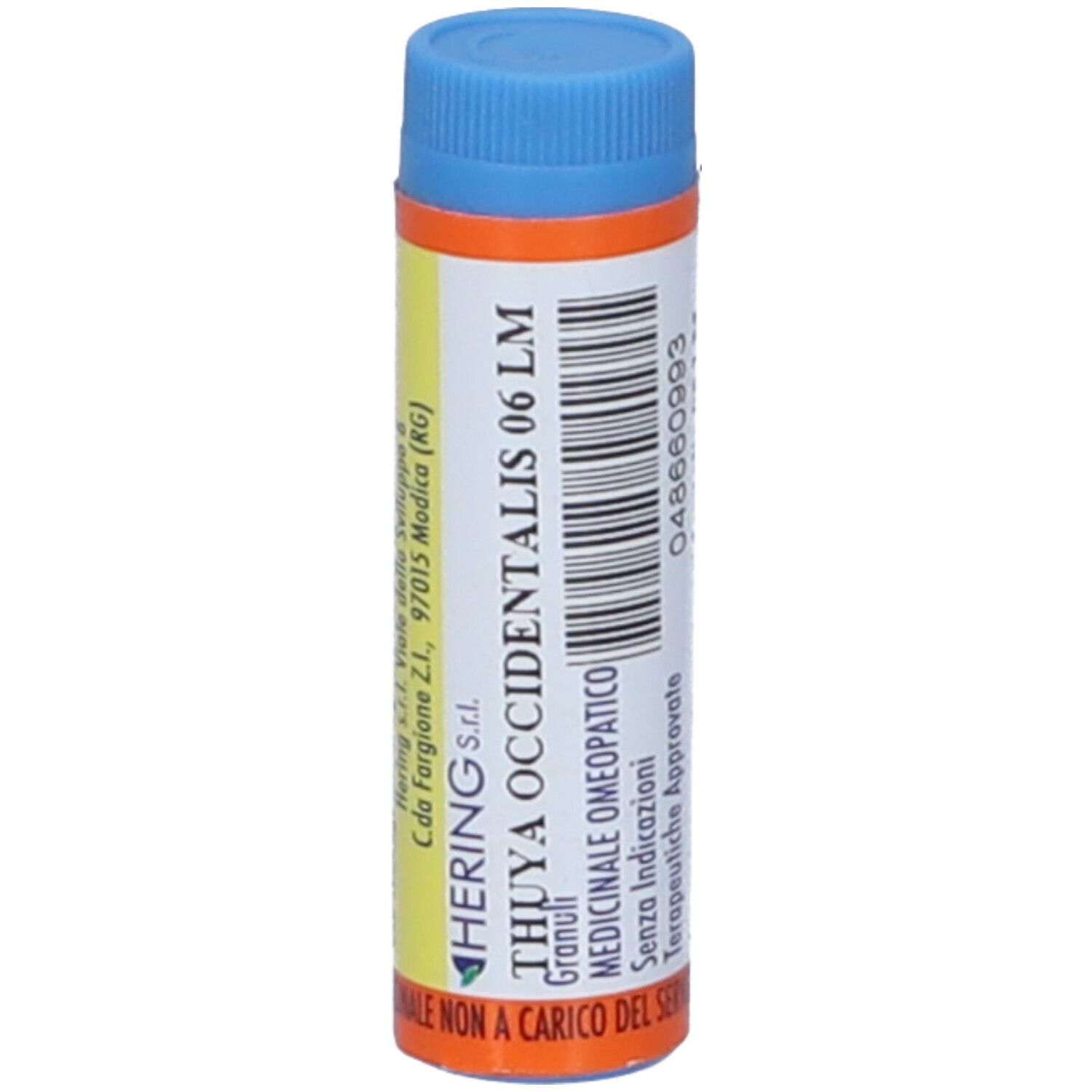 Flacone cilindrico blu e arancione. Scritte: HERING, THUYA OCCIDENTALIS 06 LM, Granuli. Informazioni.