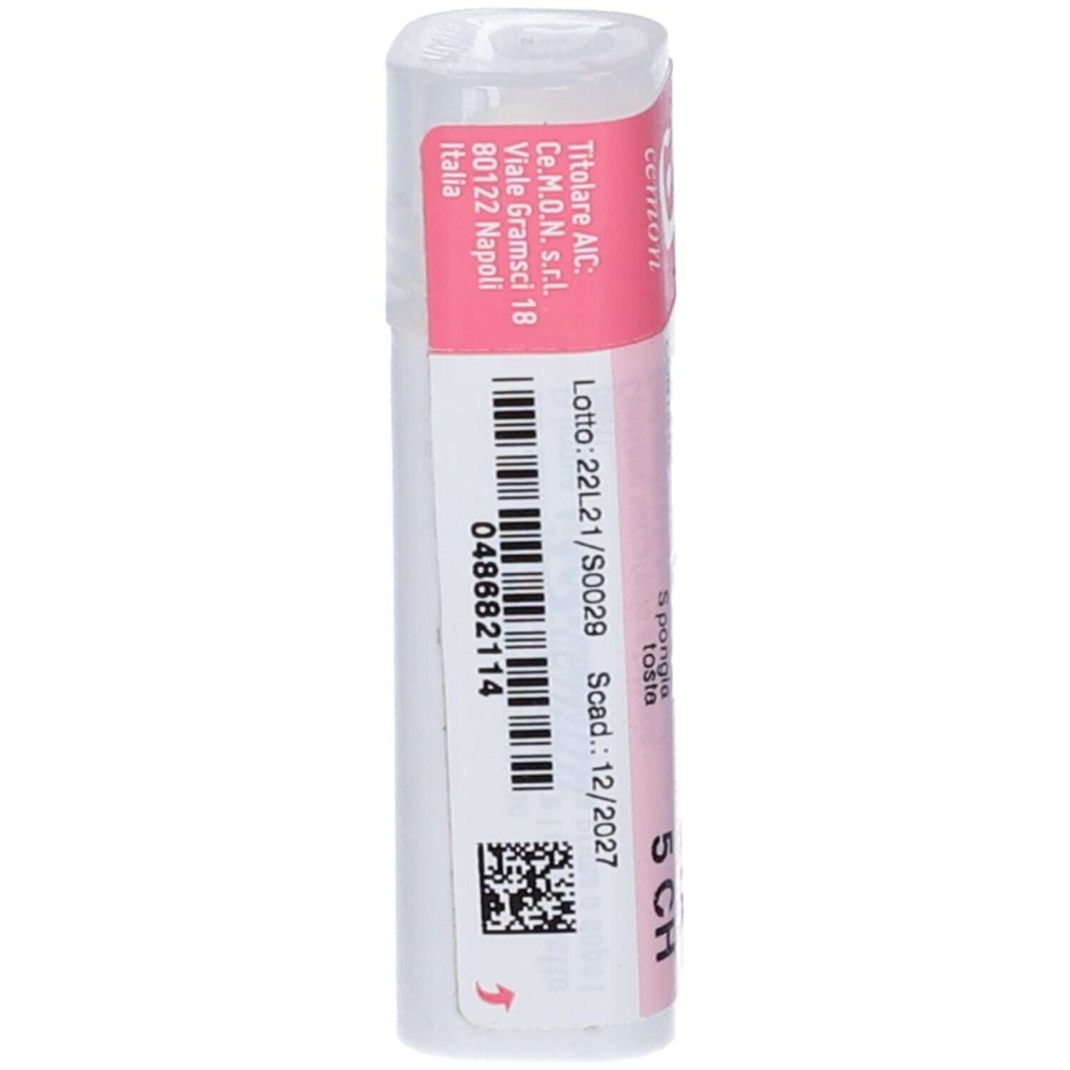 Confezione cilindrica con fascia rosa. Scritta: Spongia Tosta Dynamis 5 CH. Codice a barre e altre informazioni.