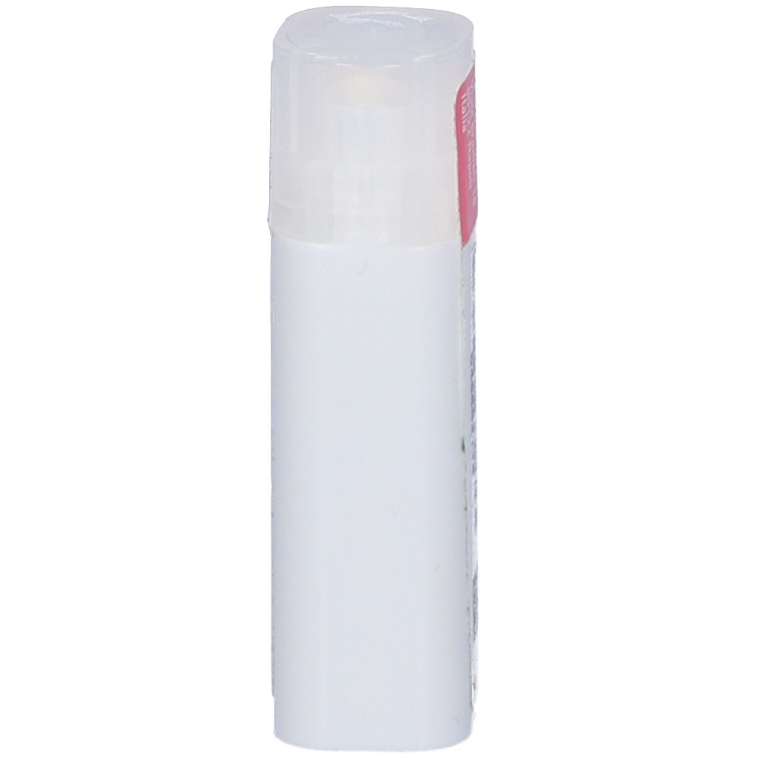 Contenitore cilindrico bianco con coperchio trasparente. Etichetta rosa in alto.