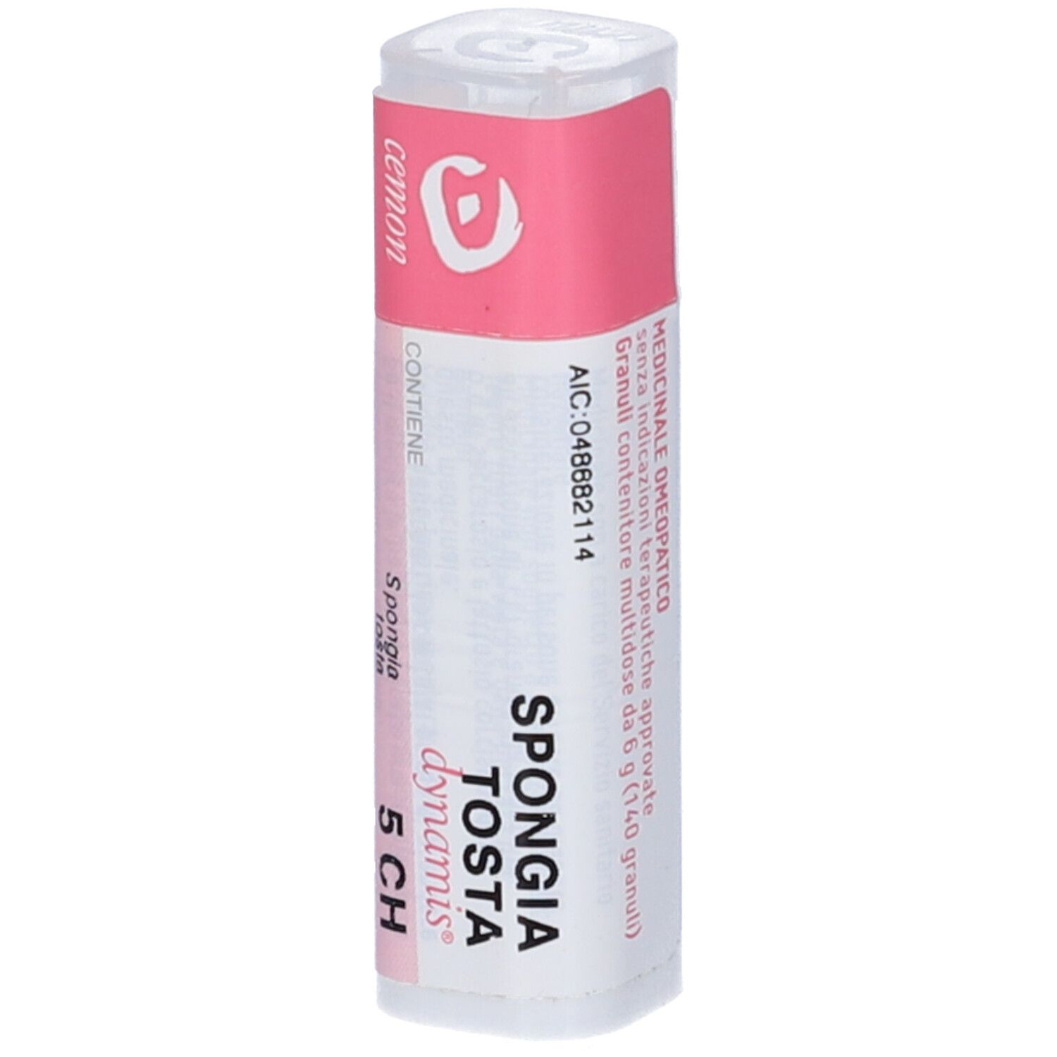Confezione cilindrica con fascia rosa. Scritta: Spongia Tosta Dynamis 5 CH. Contiene granuli.