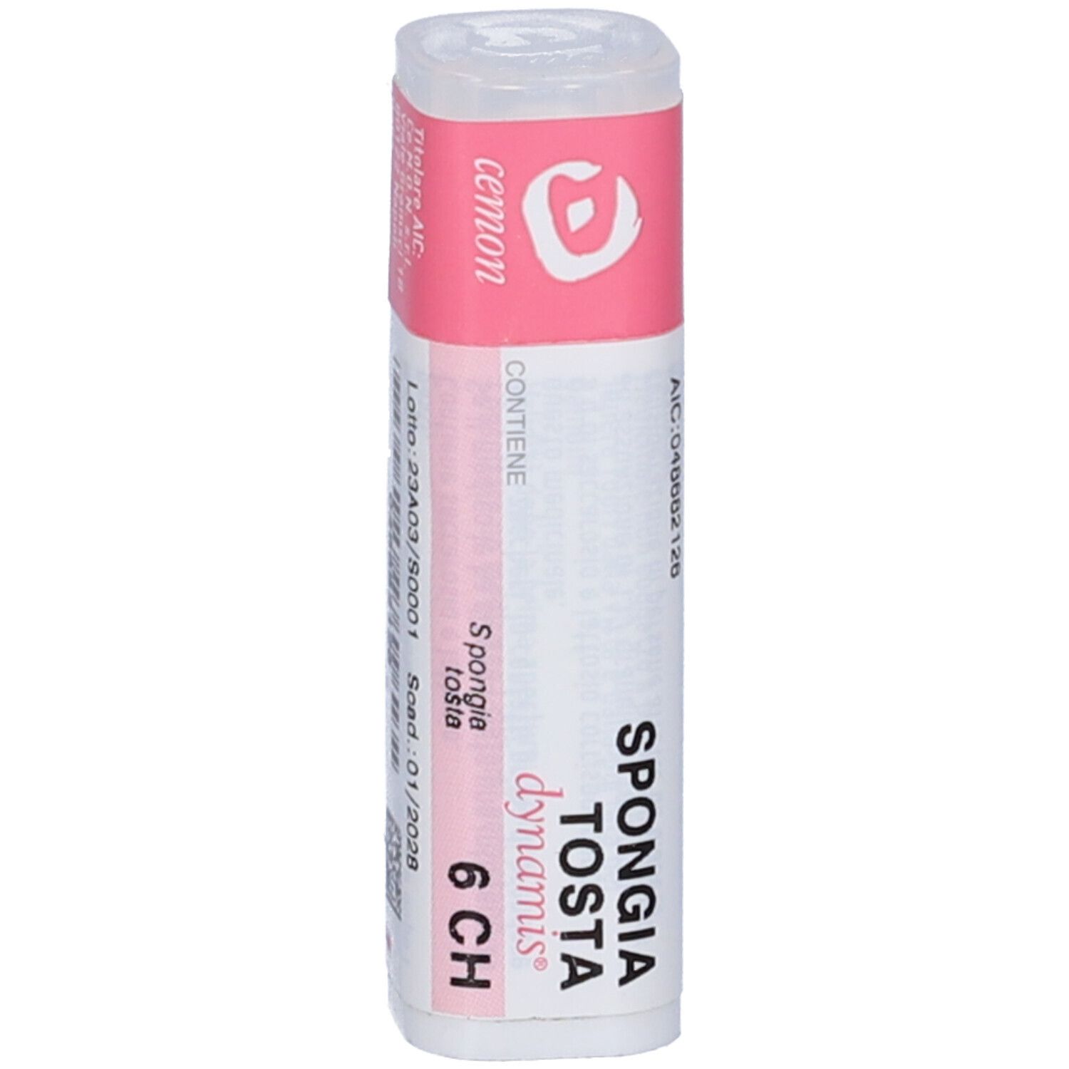 Flacone cilindrico con etichetta rosa e bianca. Scritta: Spongia Tosta Dynamis 6 CH. Marchio Cemon.