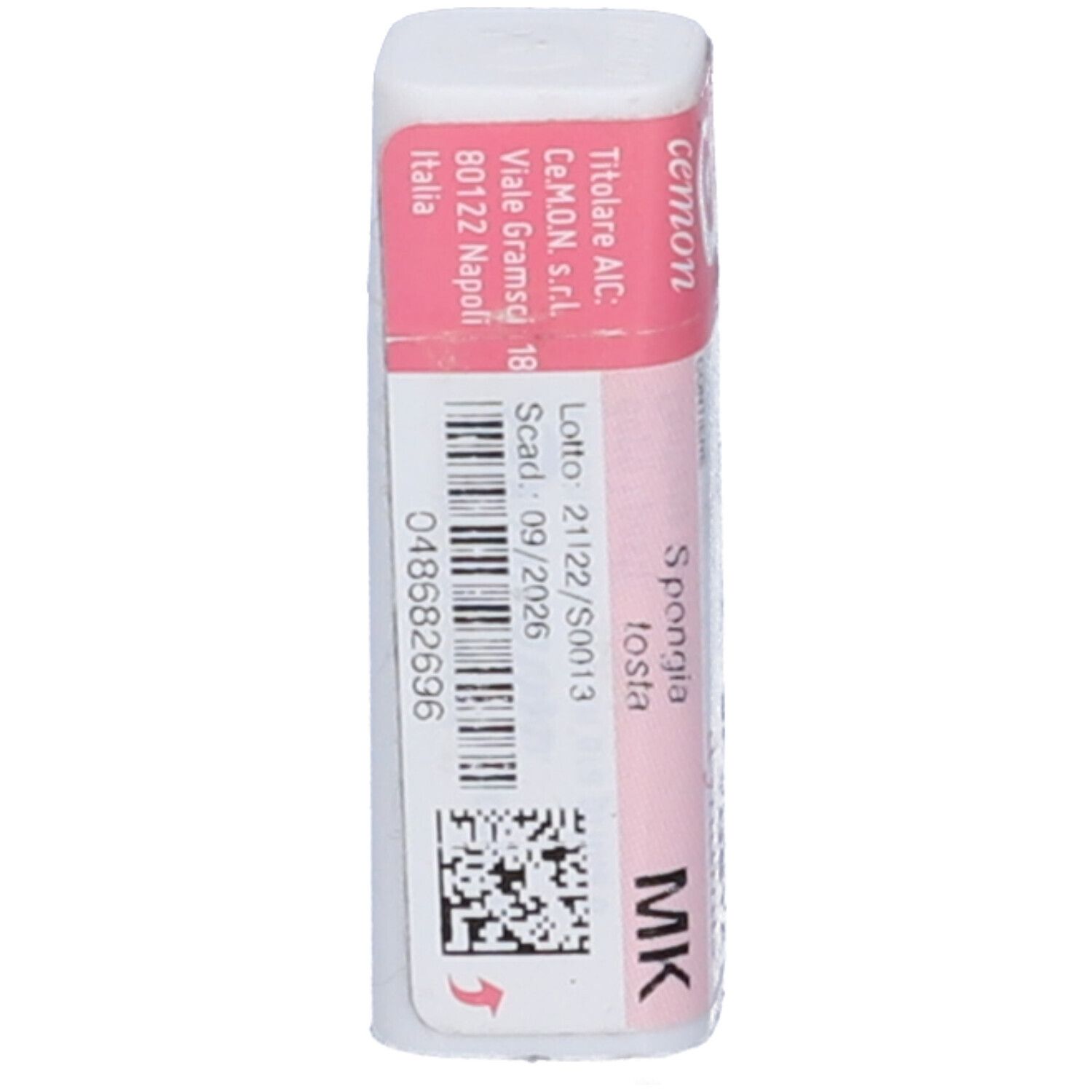 Confezione cilindrica bianca con etichetta rosa. Codice a barre, QR code e testo. Scritto: Spongia Tosta.