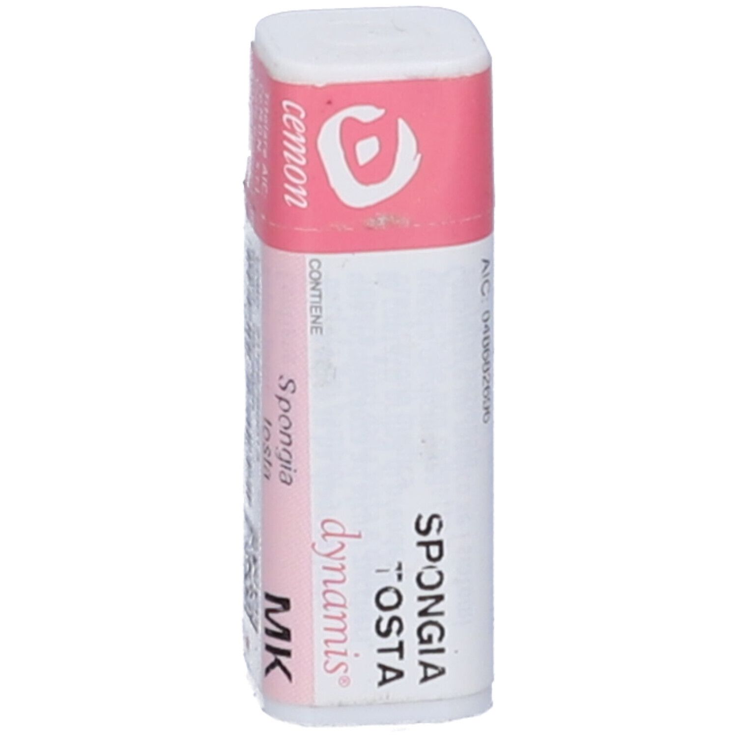 Confezione cilindrica bianca con etichetta rosa. Scritto: Spongia Tosta Dynamis MK. Logo Cemon.