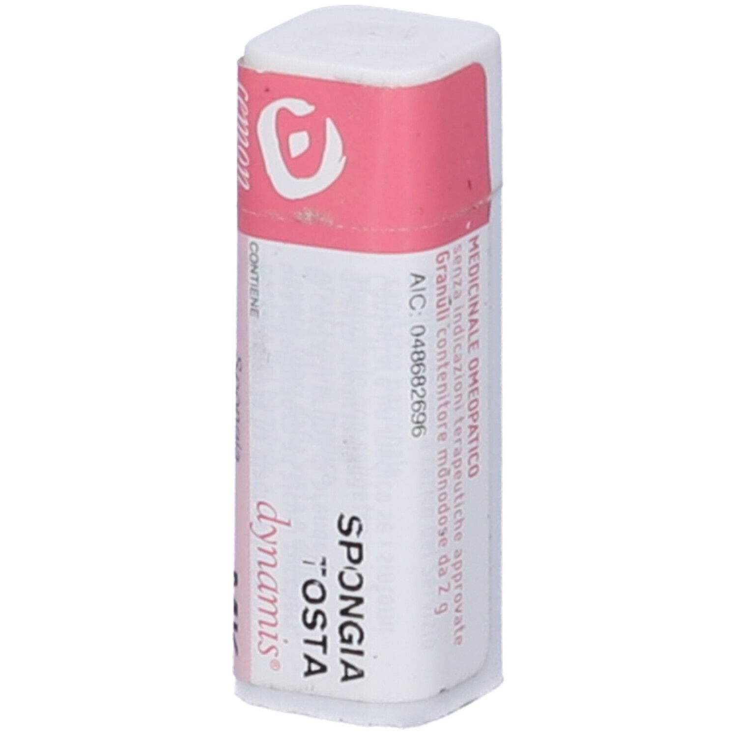 Confezione cilindrica bianca con etichetta rosa. Scritto: Spongia Tosta Dynamis. Indicazioni mediche.