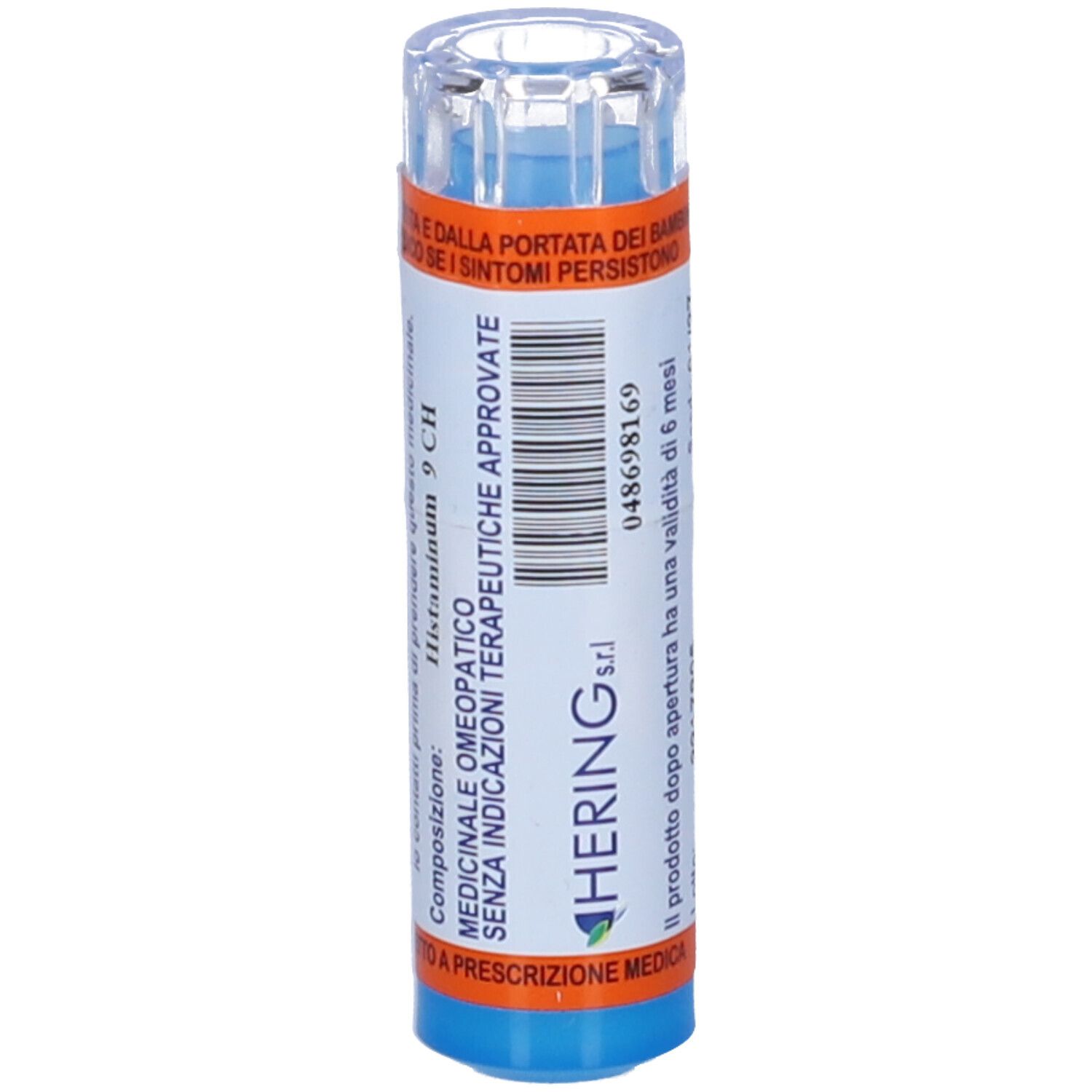 Flacone cilindrico blu e bianco con granuli. Scritta: Histaminum 9 CH. Etichette arancioni e blu con testo. Coperchio trasparente.