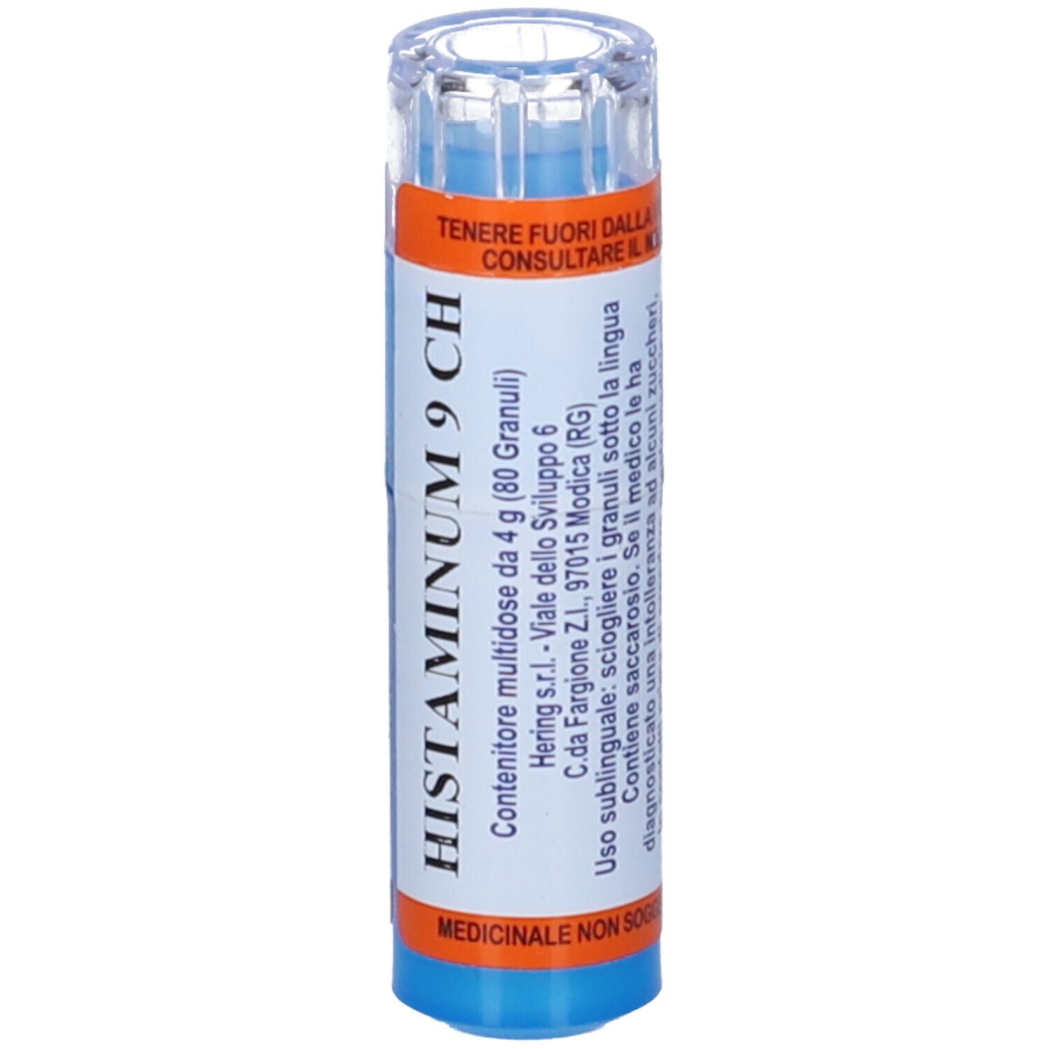 Flacone cilindrico blu e bianco con granuli. Scritta: Histaminum 9 CH. Etichette arancioni e blu con testo. Coperchio trasparente.