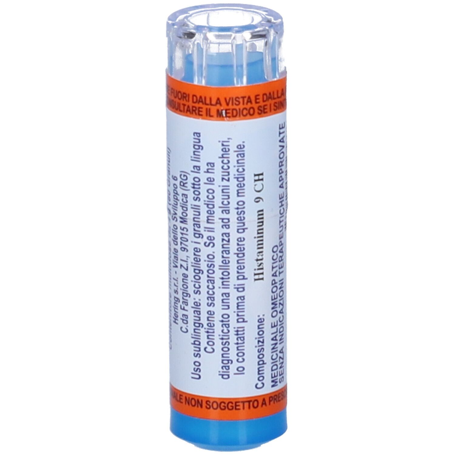 Flacone cilindrico blu e bianco con granuli. Scritta: Histaminum 9 CH. Etichette arancioni e blu con testo. Coperchio trasparente.