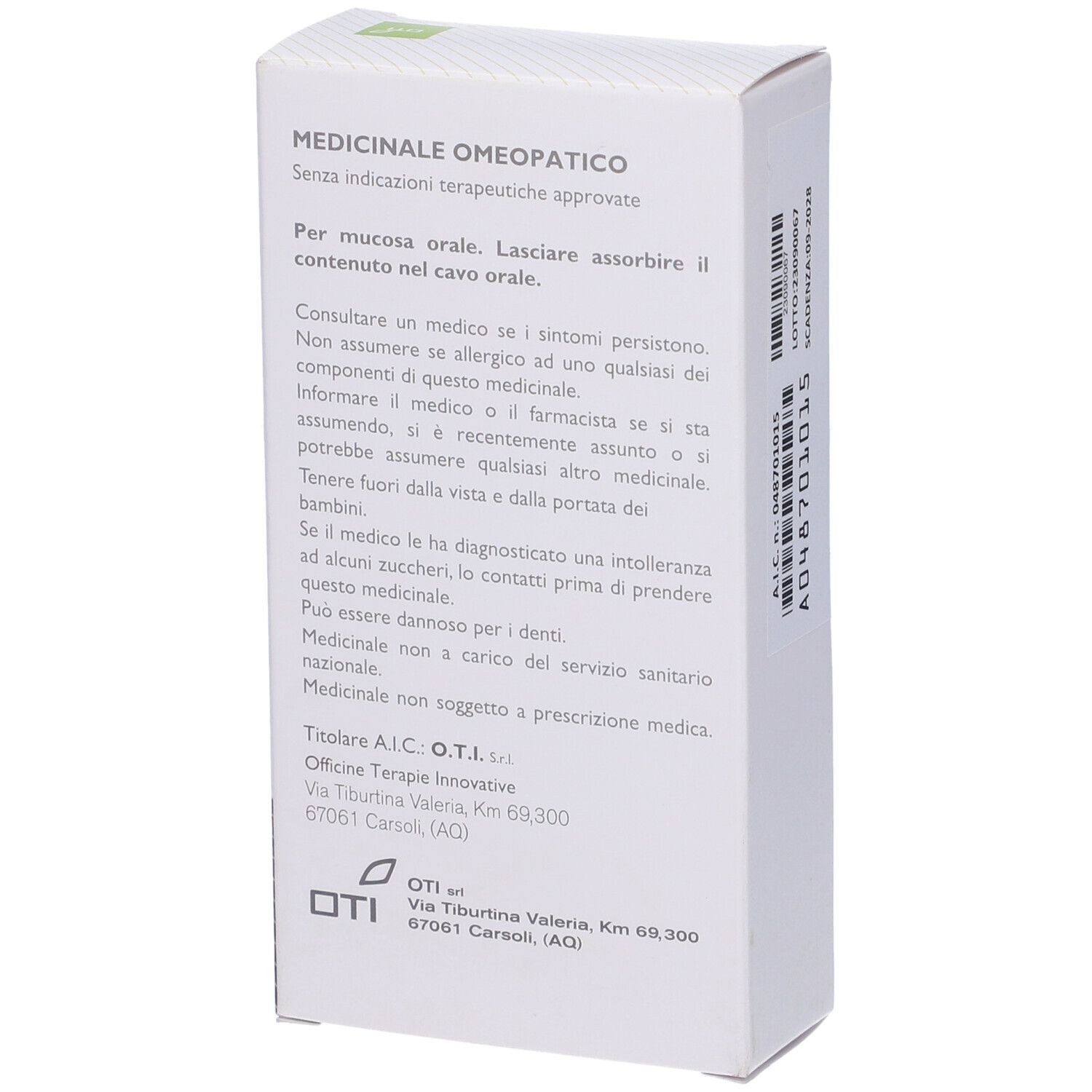 Retro della scatola bianca. Testo con informazioni prodotto. Logo "oti" in basso.