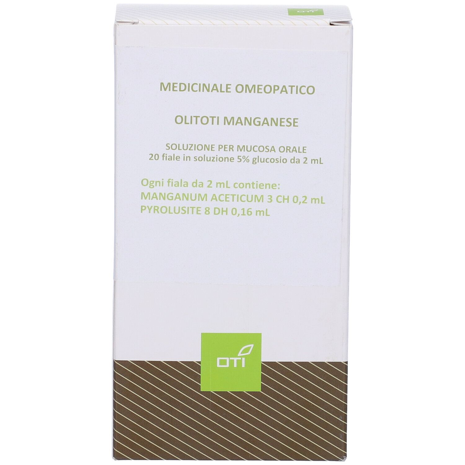 Scatola bianca con informazioni prodotto. "Medicinale Omeopatico" in alto. Logo "oti" in basso.