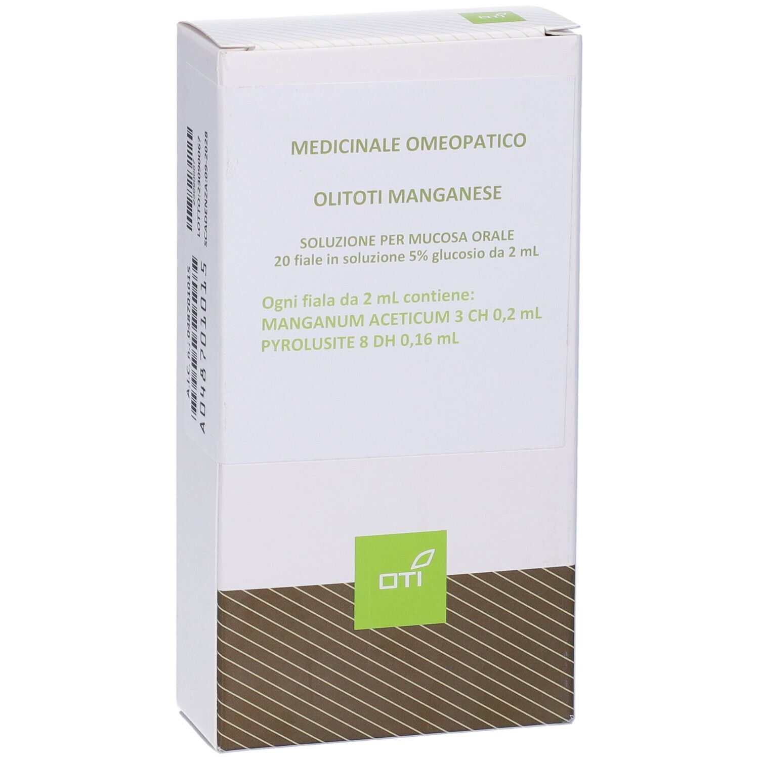 Scatola bianca con informazioni prodotto. "Medicinale Omeopatico" in alto. Logo "oti" in basso.