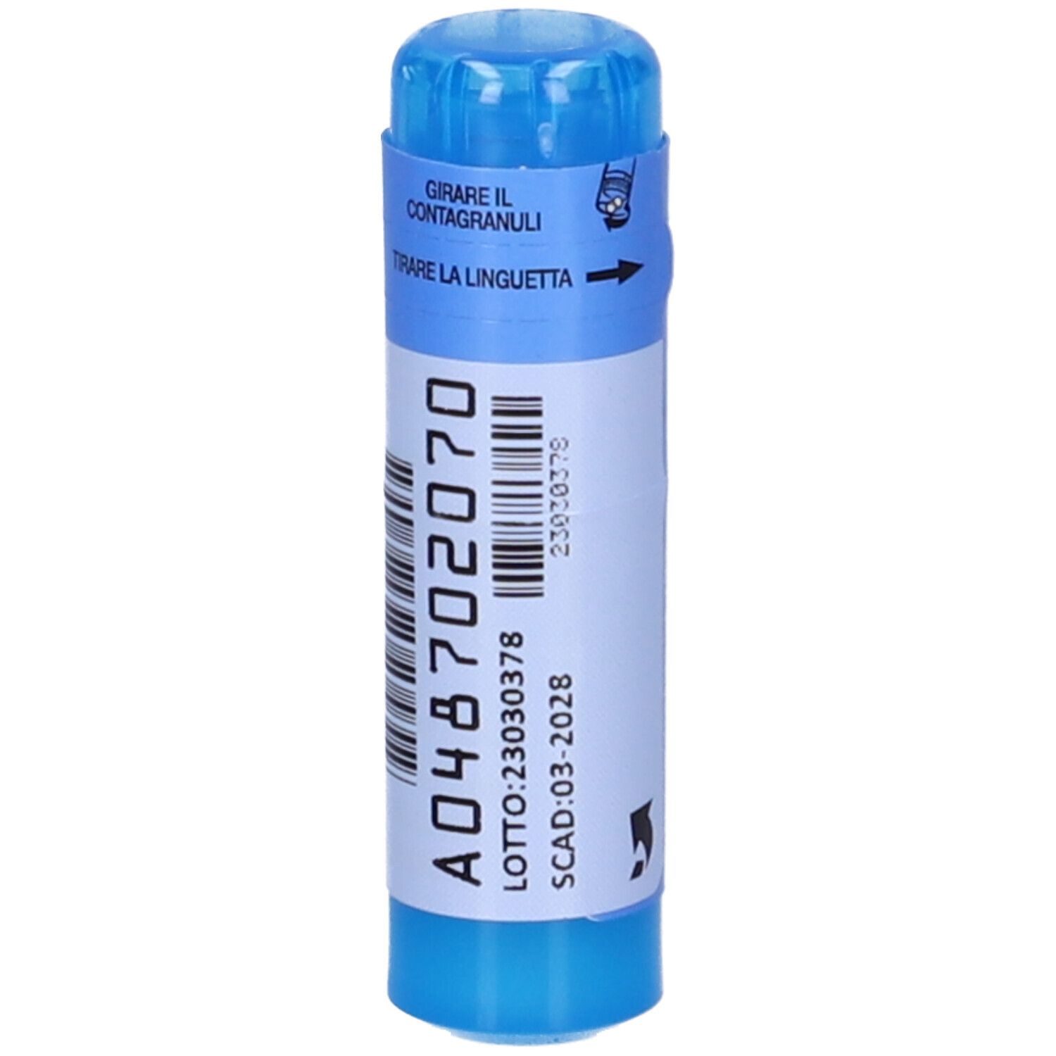 Contenitore cilindrico blu con etichetta bianca. Codice a barre e numero di lotto visibili.