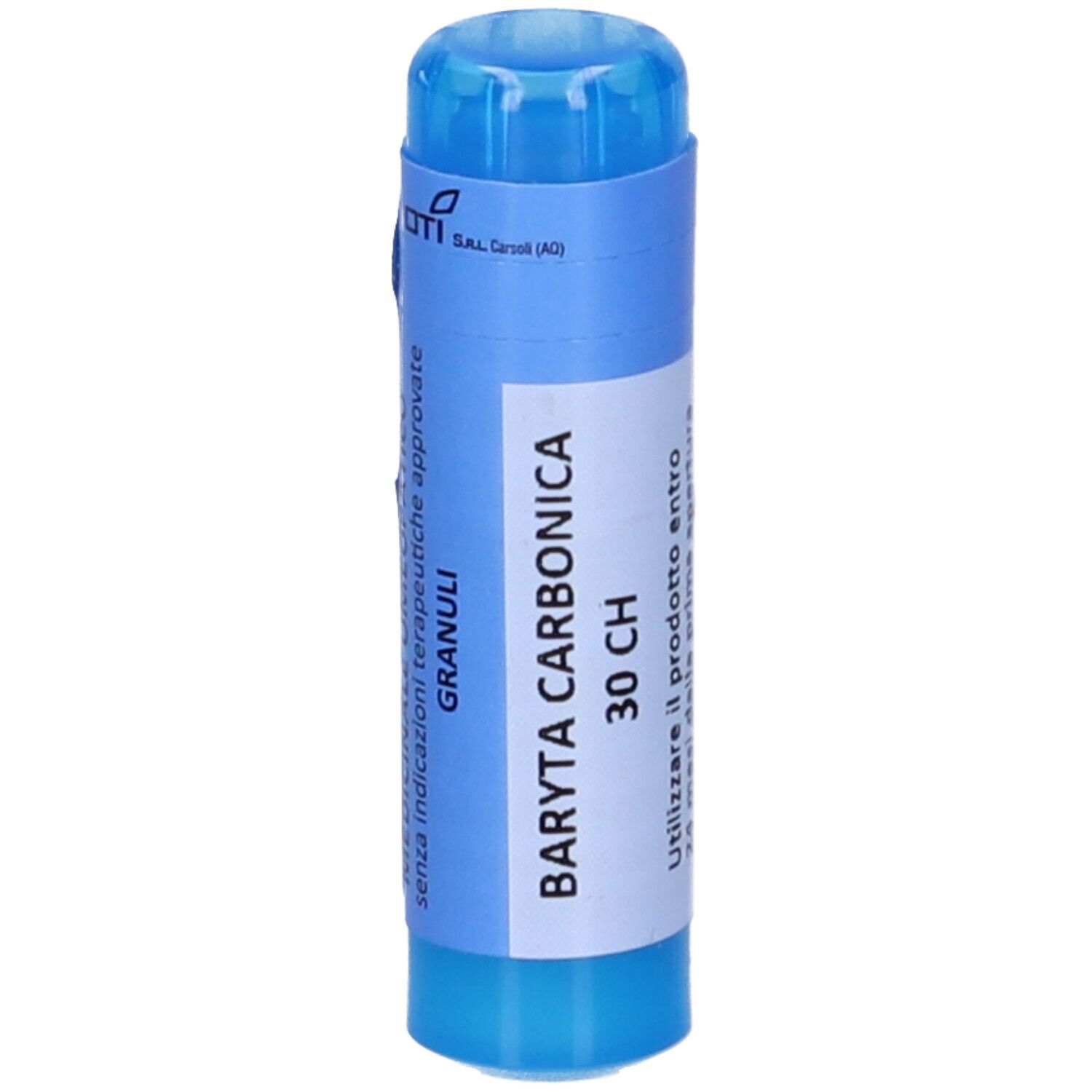 Contenitore cilindrico blu con etichetta bianca. Scritta: BARYTA CARBONICA 30 CH Granuli.