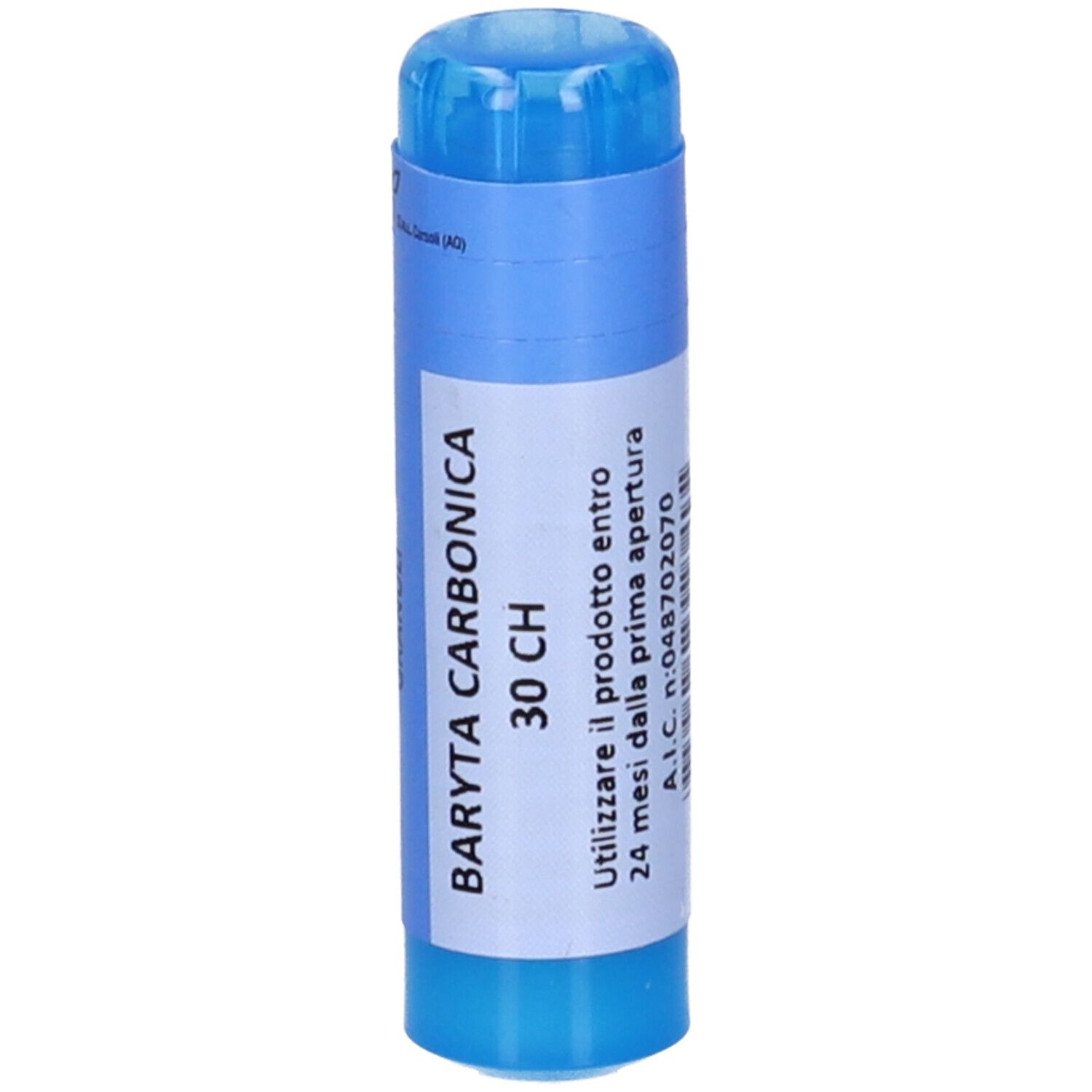 Contenitore cilindrico blu con etichetta bianca. Scritta: BARYTA CARBONICA 30 CH.