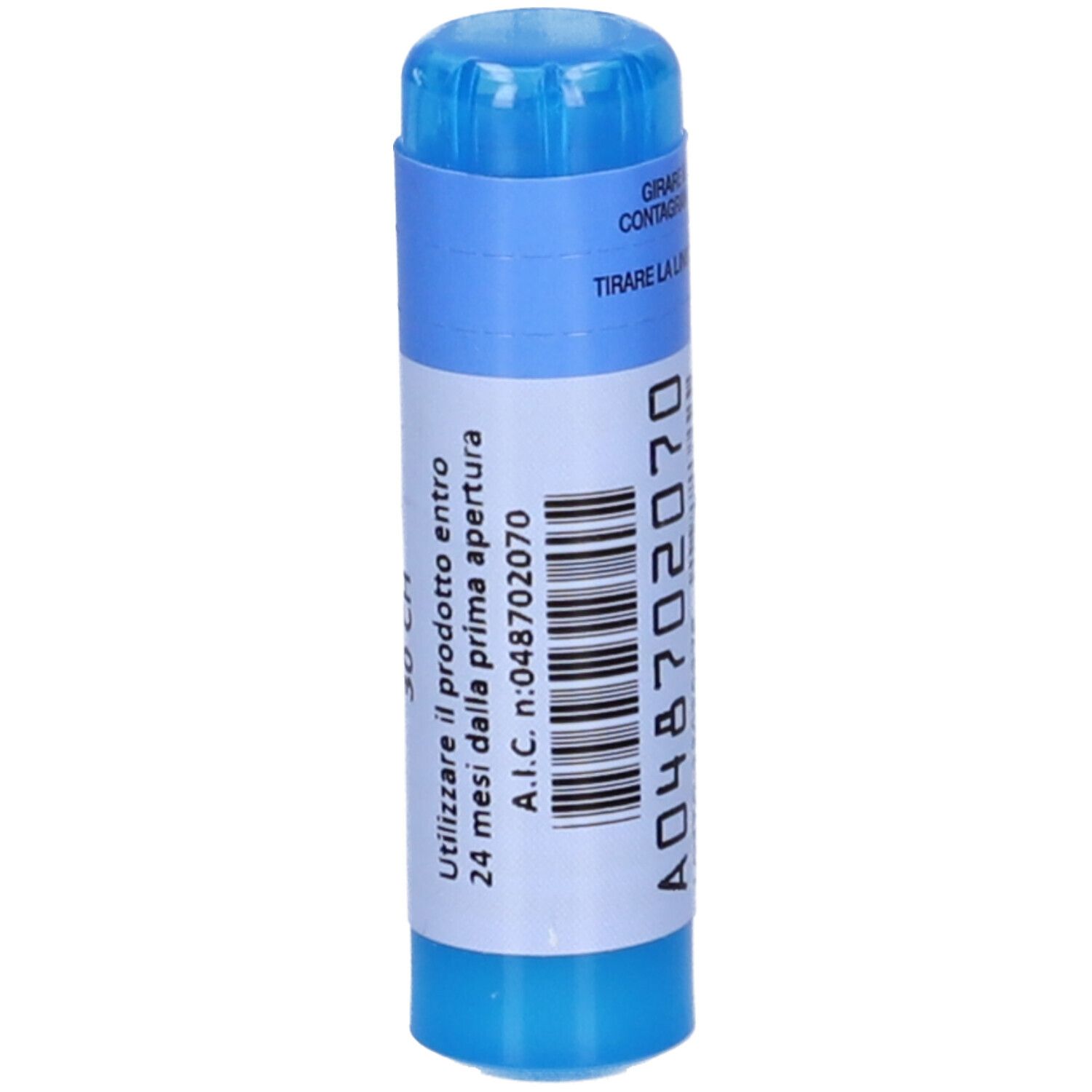 Contenitore cilindrico blu con etichetta bianca. A.I.C. n: 048702070.