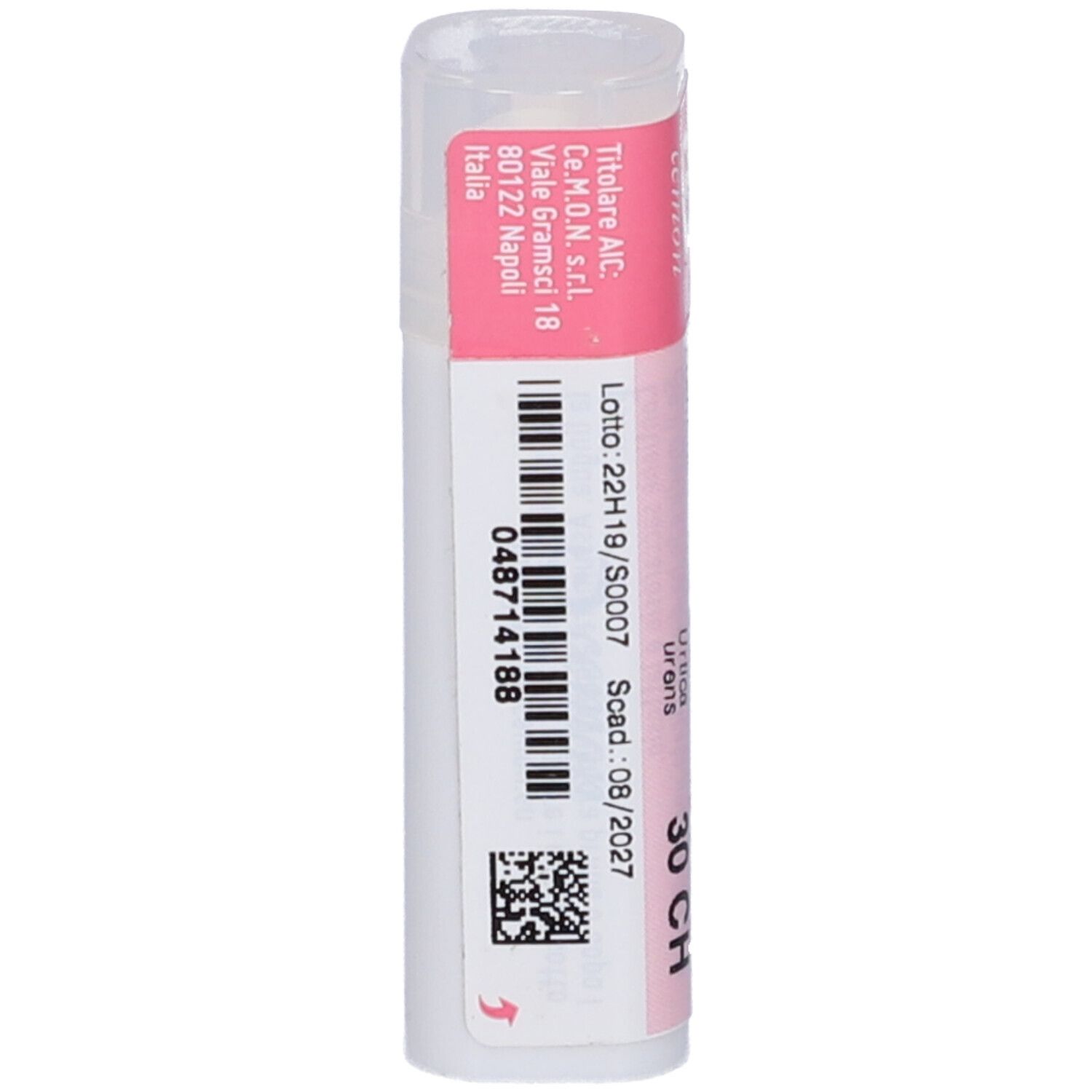 Confezione cilindrica con etichetta rosa. Codice a barre e testo. Scritta: Urtica Urens 30 CH. Marchio: Cemon. Contiene granuli.