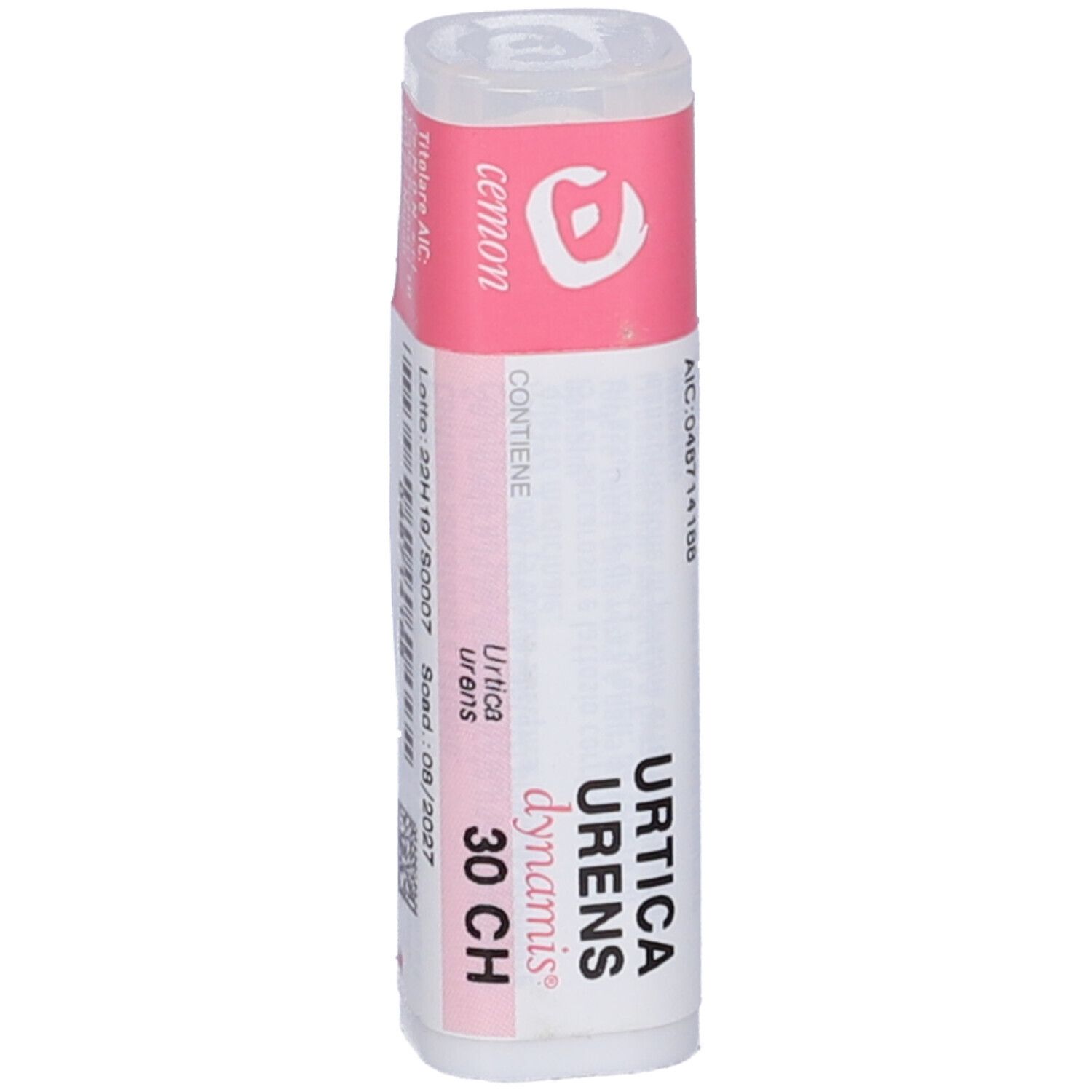 Confezione cilindrica con etichetta rosa. Scritta: Urtica Urens Dynamis 30 CH. Marchio: Cemon. Contiene granuli.